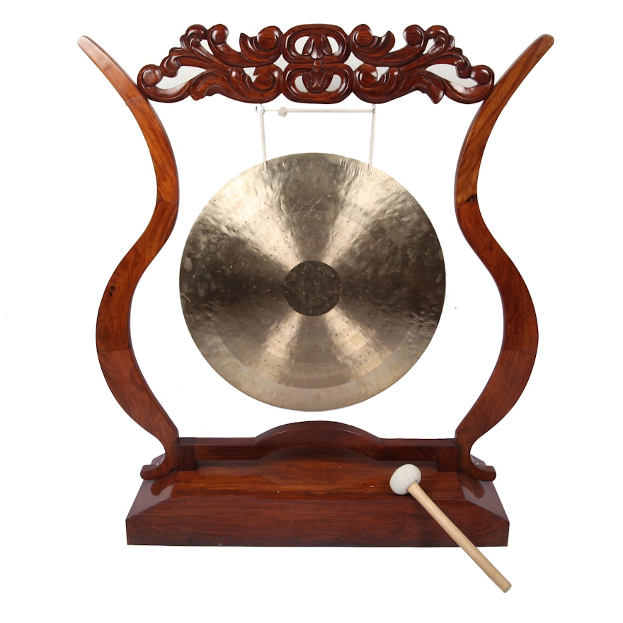 Chinese Gong in Carved Hanger with Cherry Finish