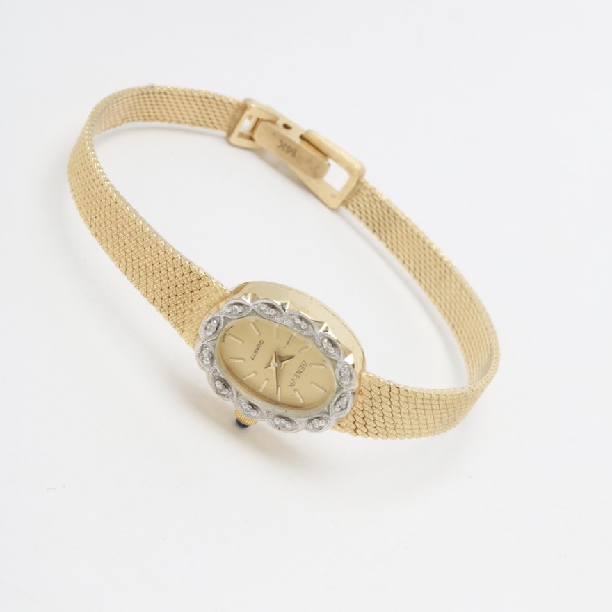 Vintage Geneva Quartz 14K Yellow Gold and Diamond Bezel Wristwatch