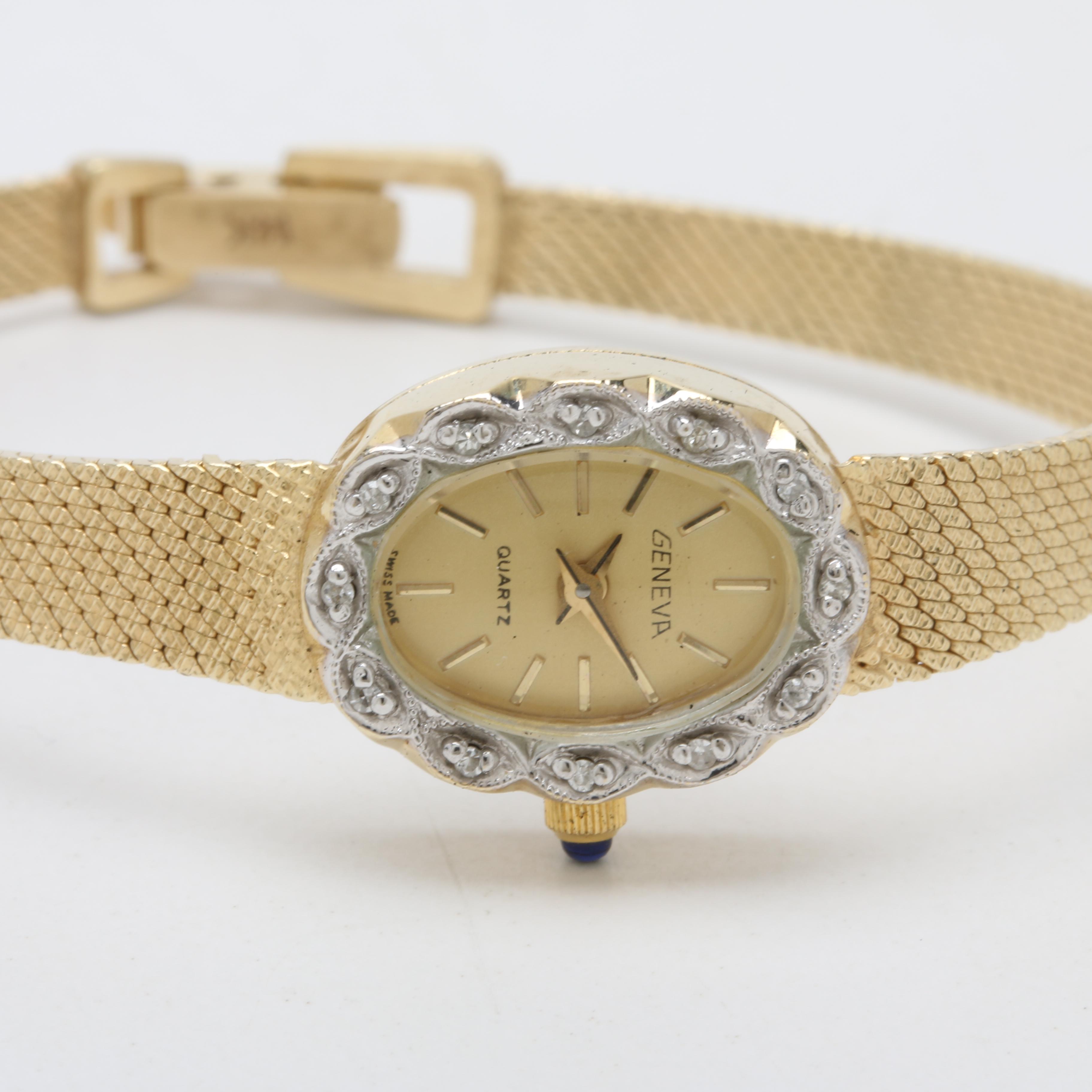 Vintage Geneva Quartz 14K Yellow Gold and Diamond Bezel Watch