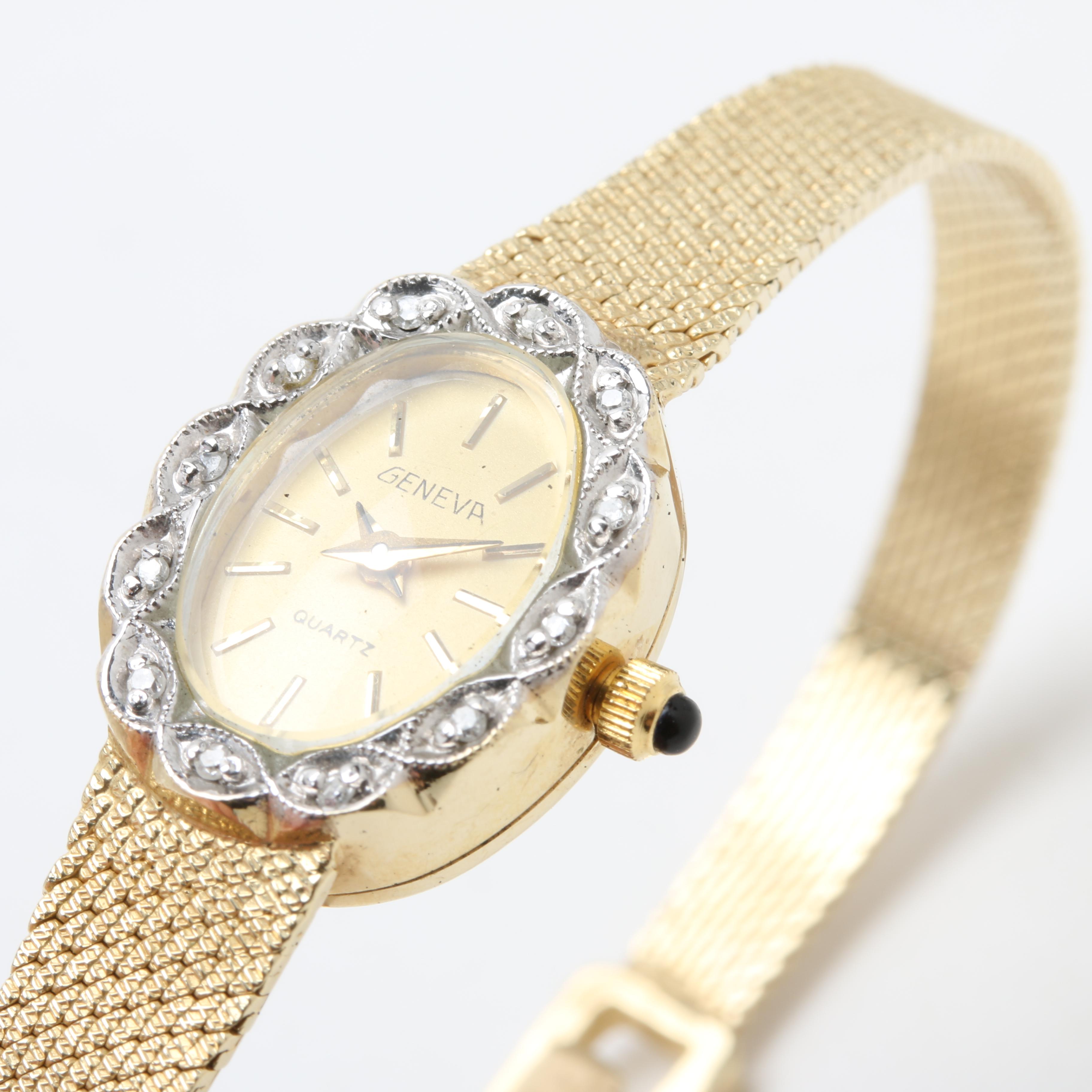 Vintage Geneva Quartz 14K Yellow Gold and Diamond Bezel Watch