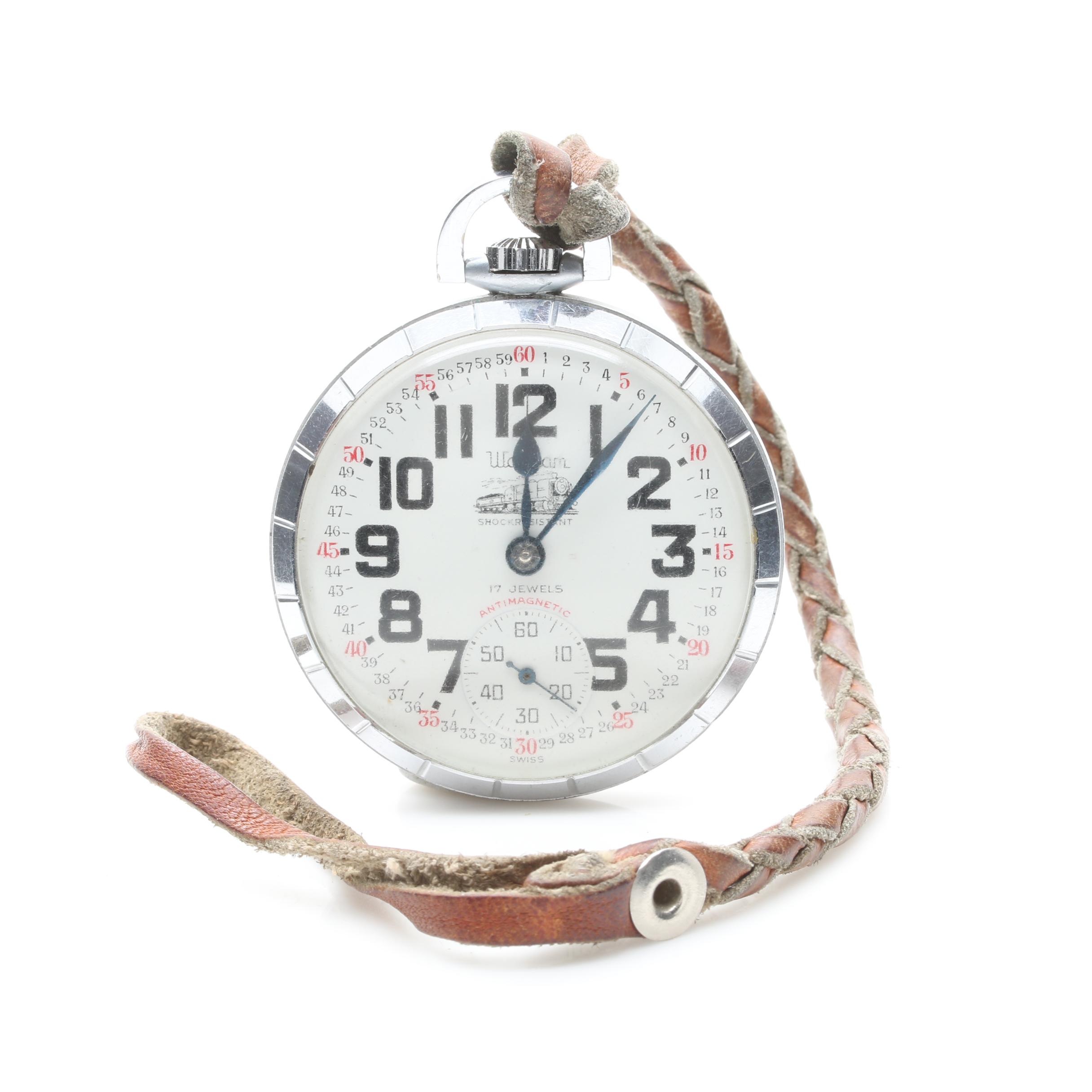 Waltham Steel Open Face Pocket Watch With Braided Leather Fob
