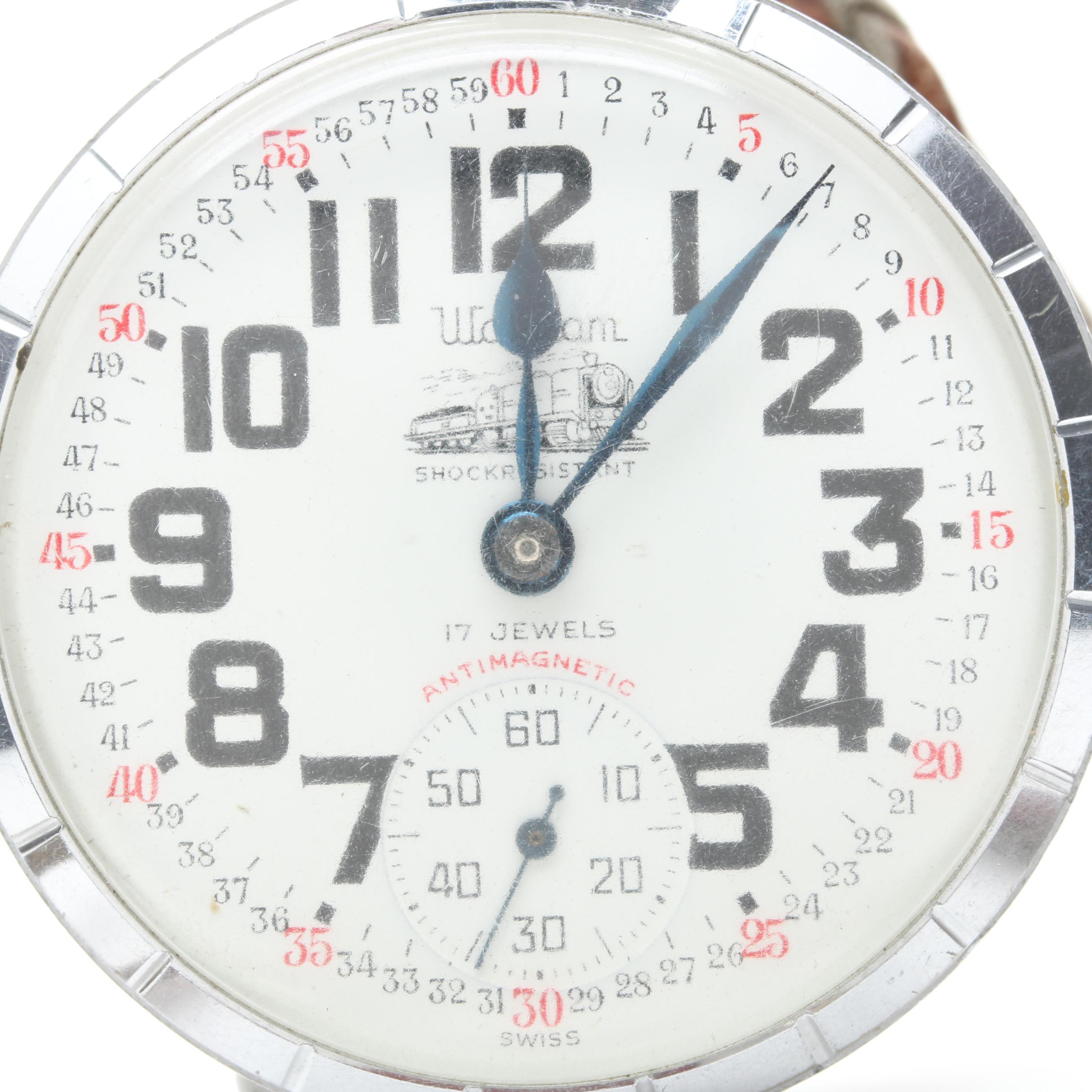 Waltham Steel Open Face Pocket Watch With Braided Leather Fob