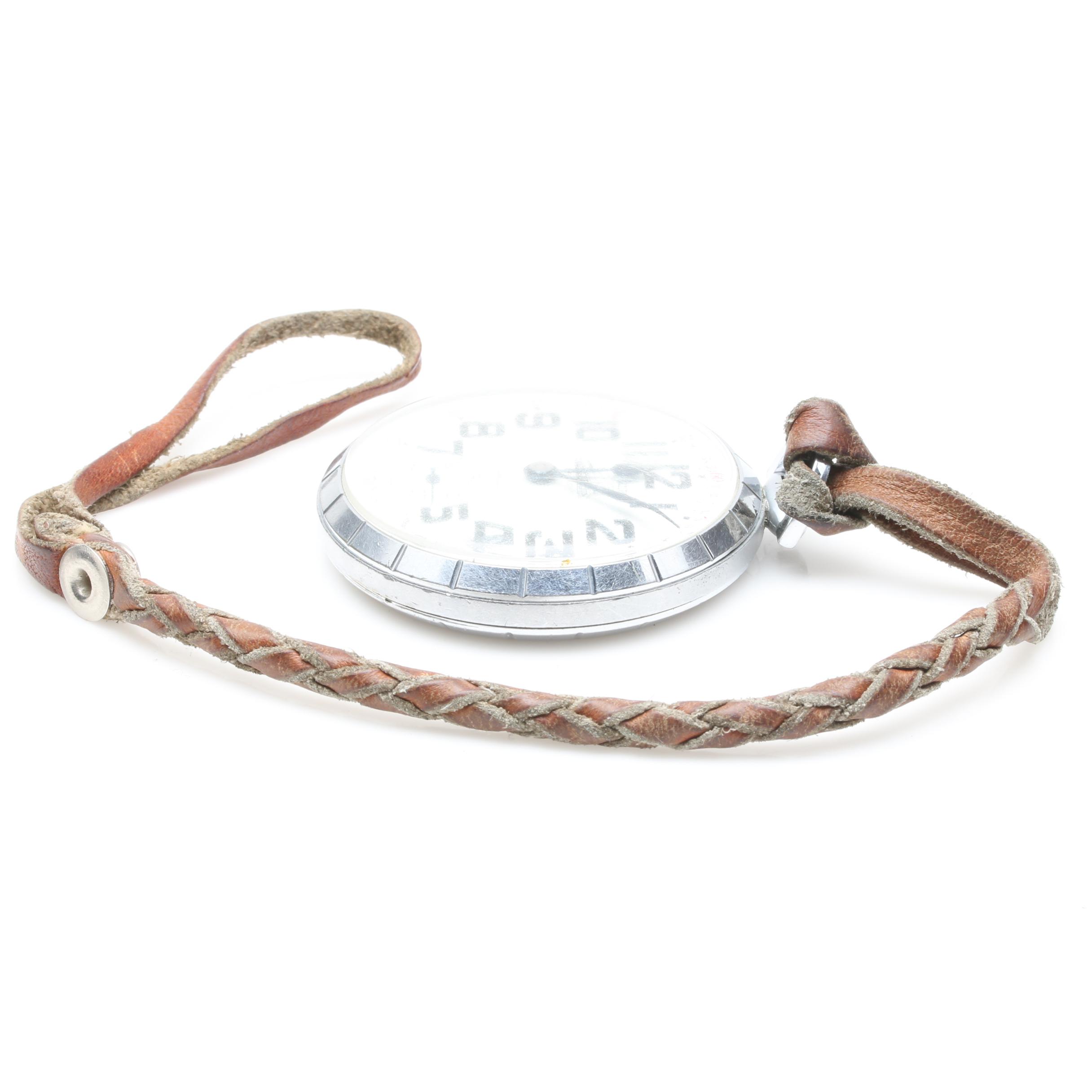 Waltham Steel Open Face Pocket Watch With Braided Leather Fob