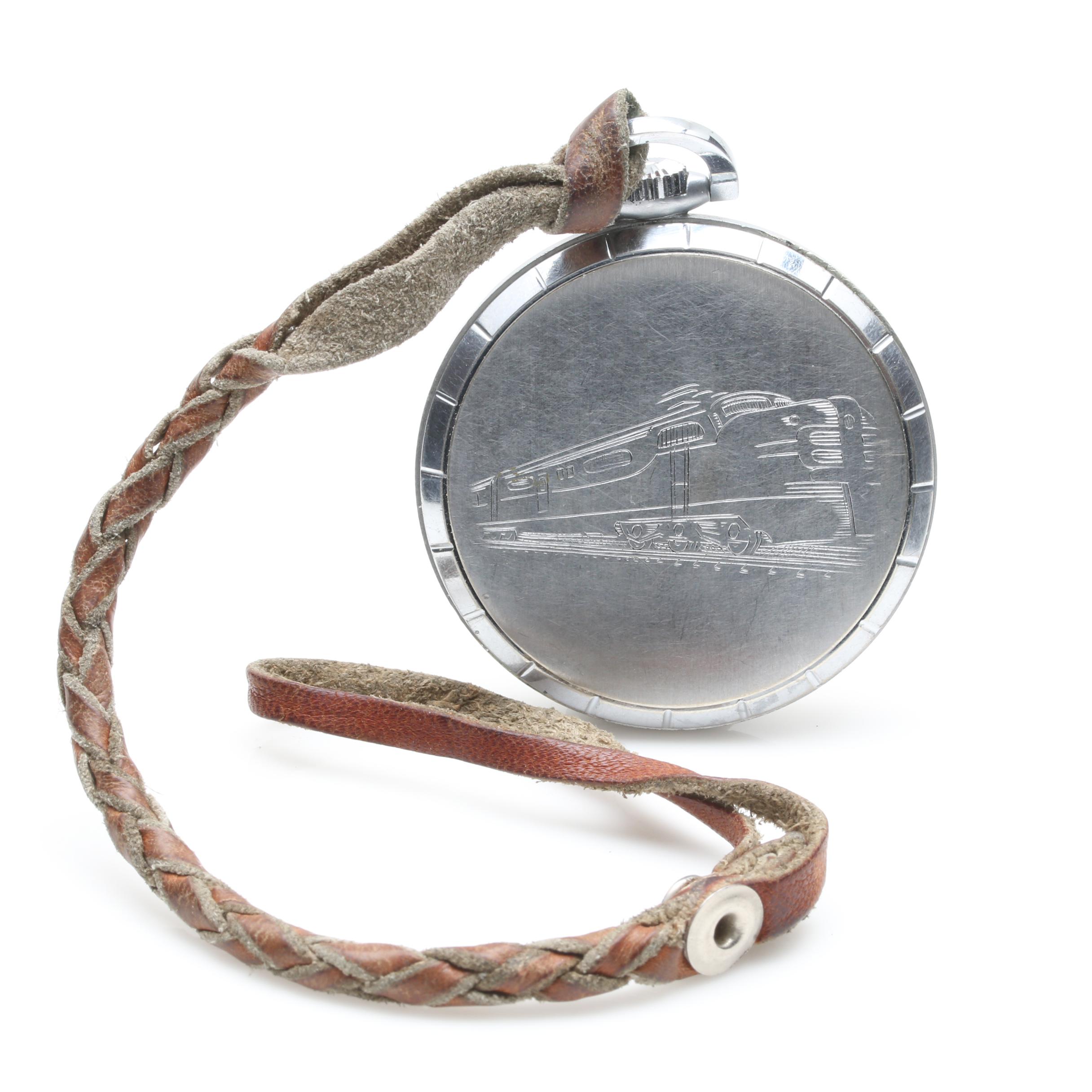 Waltham Steel Open Face Pocket Watch With Braided Leather Fob