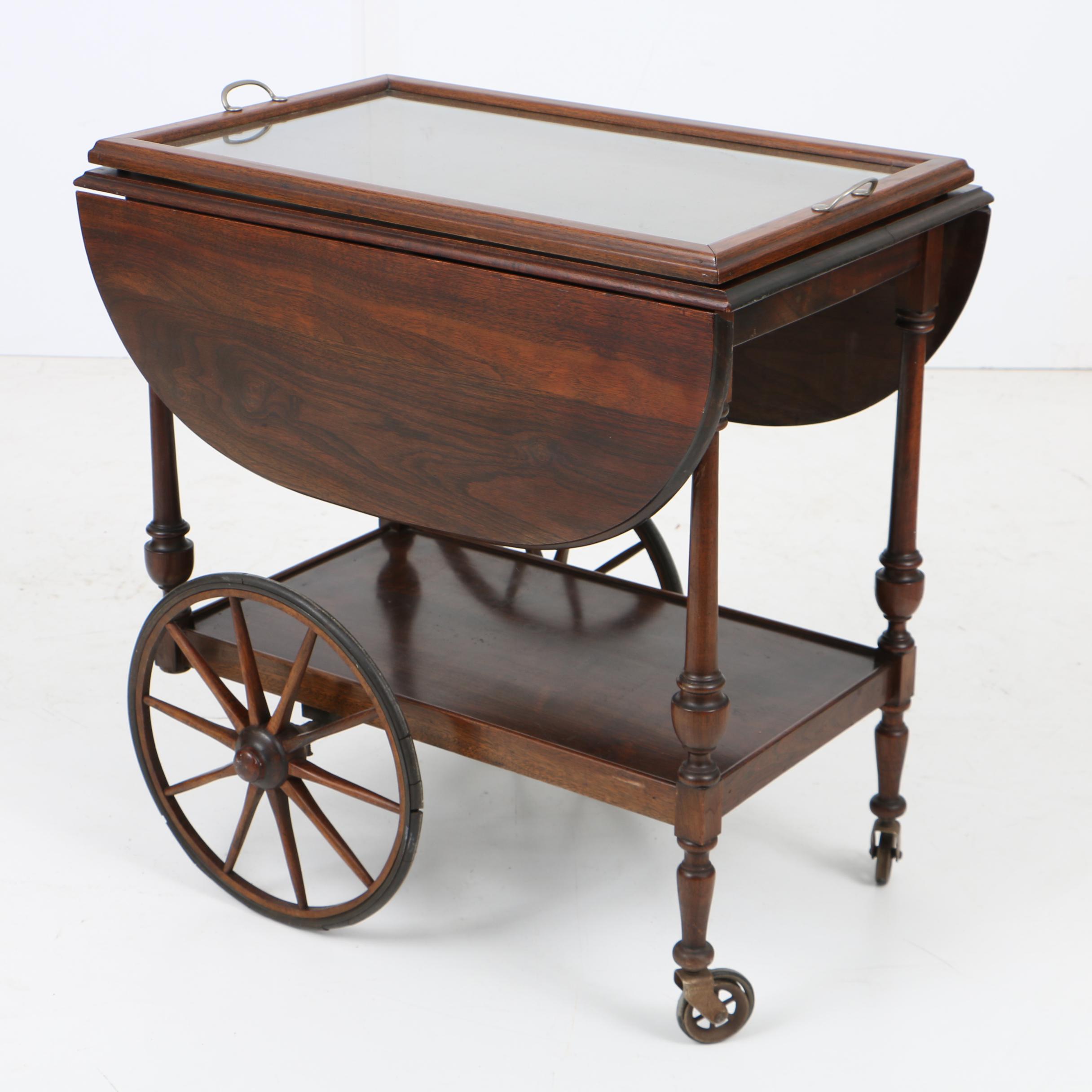Vintage Walnut Tea Cart with Glass Serving Tray