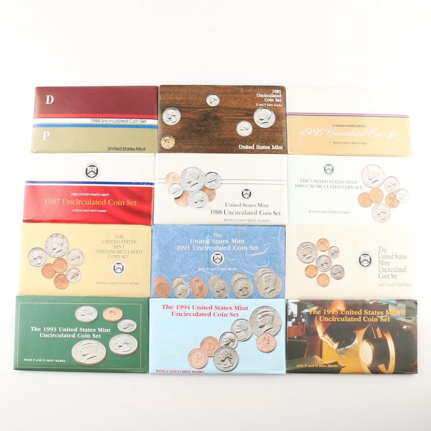 Group of Twelve U.S. Mint Uncirculated Coin Sets from 1984 to 1995
