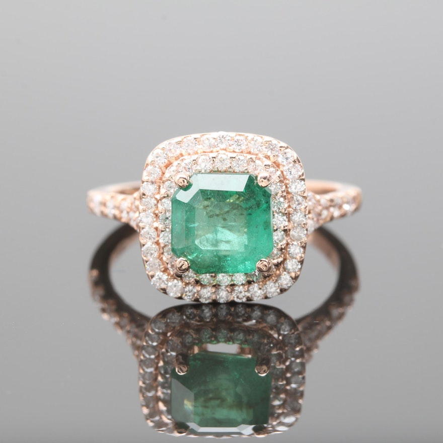 14K Rose Gold 1.59 CT Emerald and Diamond Ring