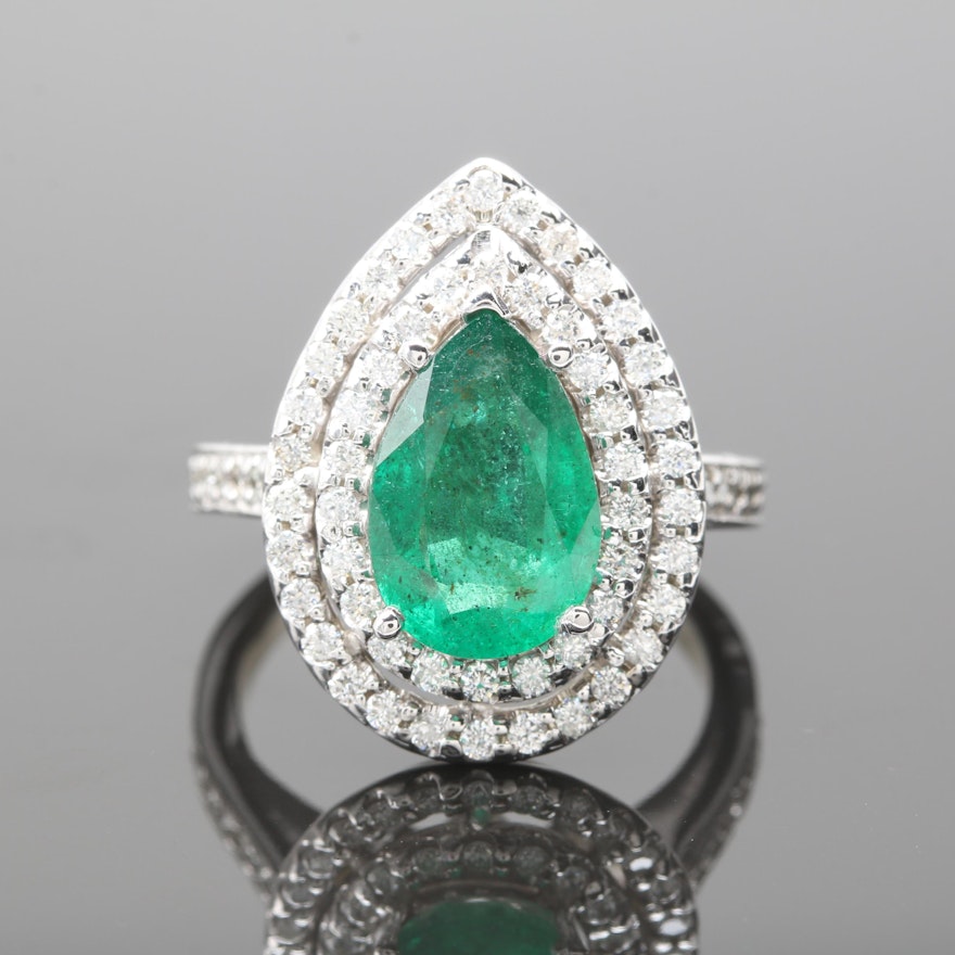 14K White Gold 2.01 CT Emerald and Diamond Ring