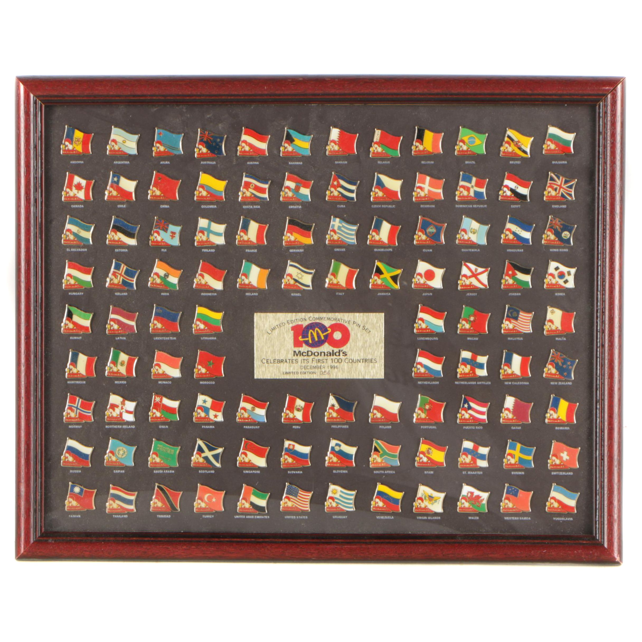 Framed Limited Edition 1996 McDonald's First 100 Countries Commemorative Pin Set