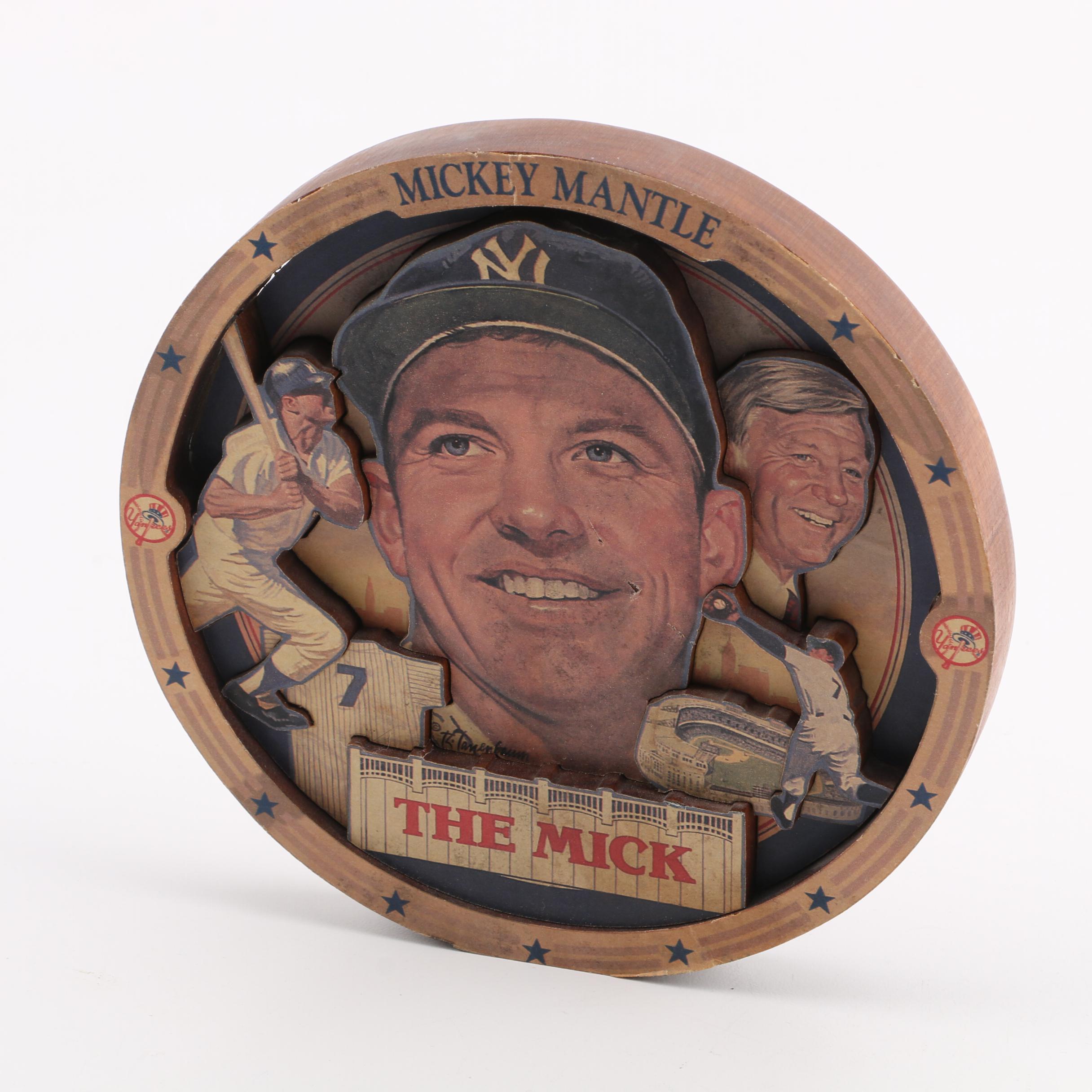 Vintage Mickey Mantle Cut Paper on Carved Wood Collage Plaque