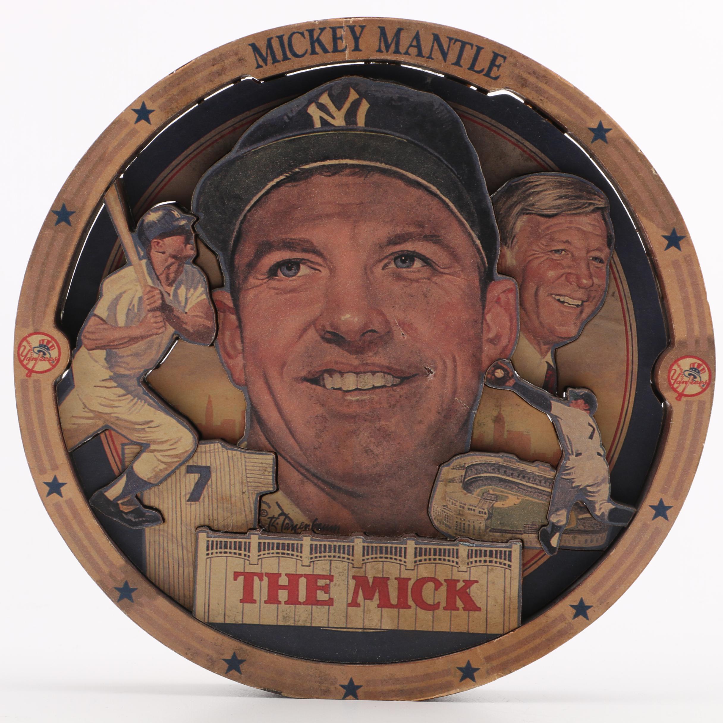 Vintage Mickey Mantle Cut Paper on Carved Wood Collage Plaque