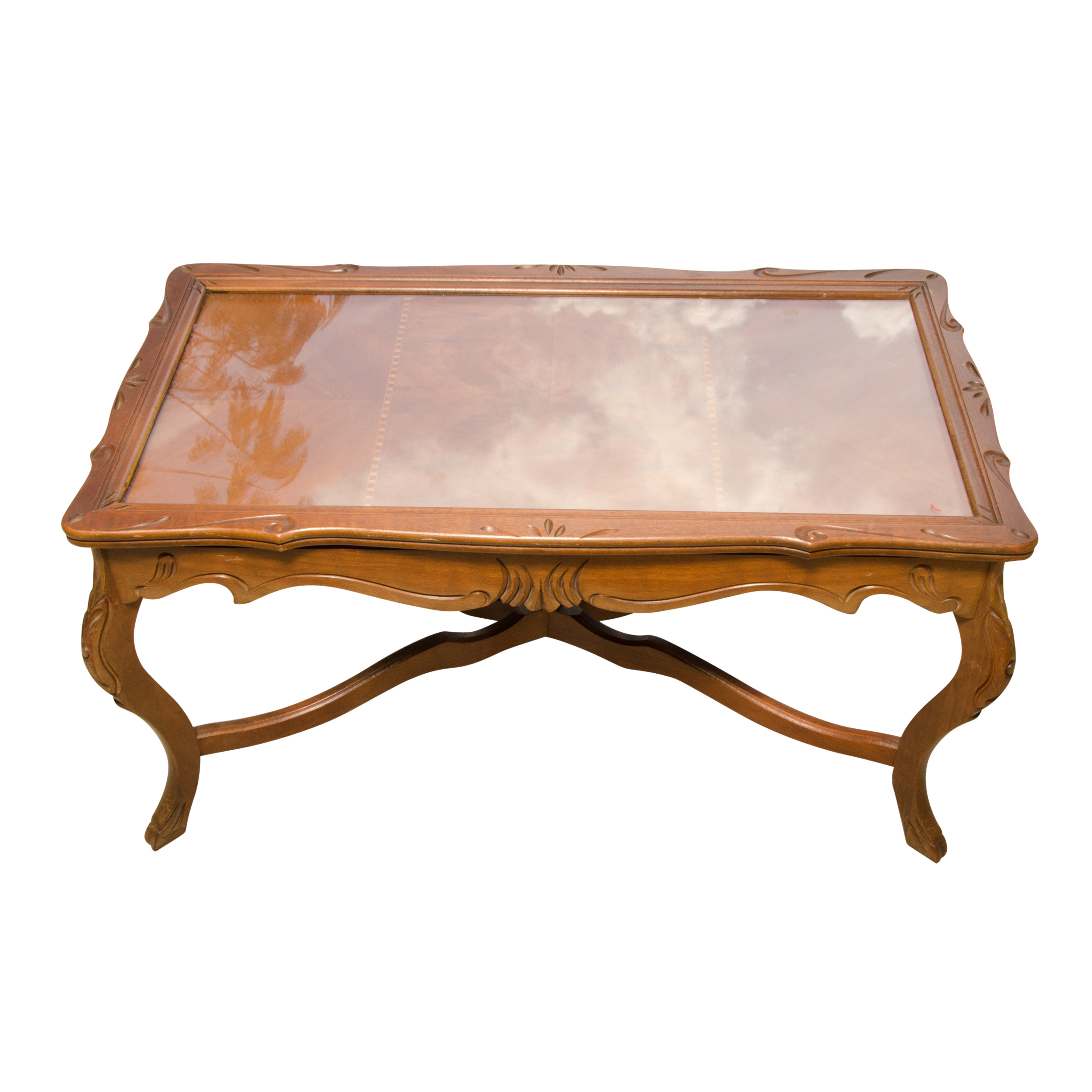 Carved Wooden Coffee Table with Inlaid Glass Top