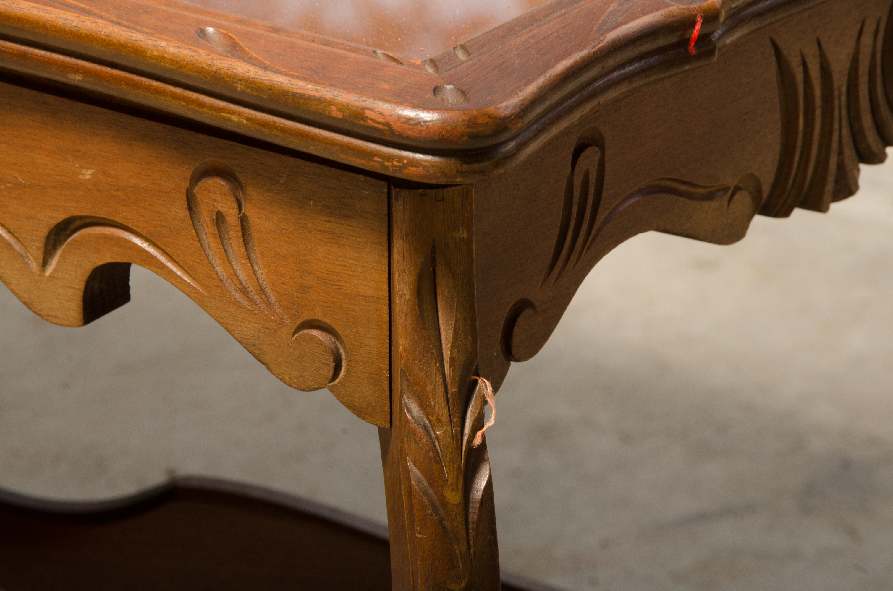 Carved Wooden Coffee Table with Inlaid Glass Top