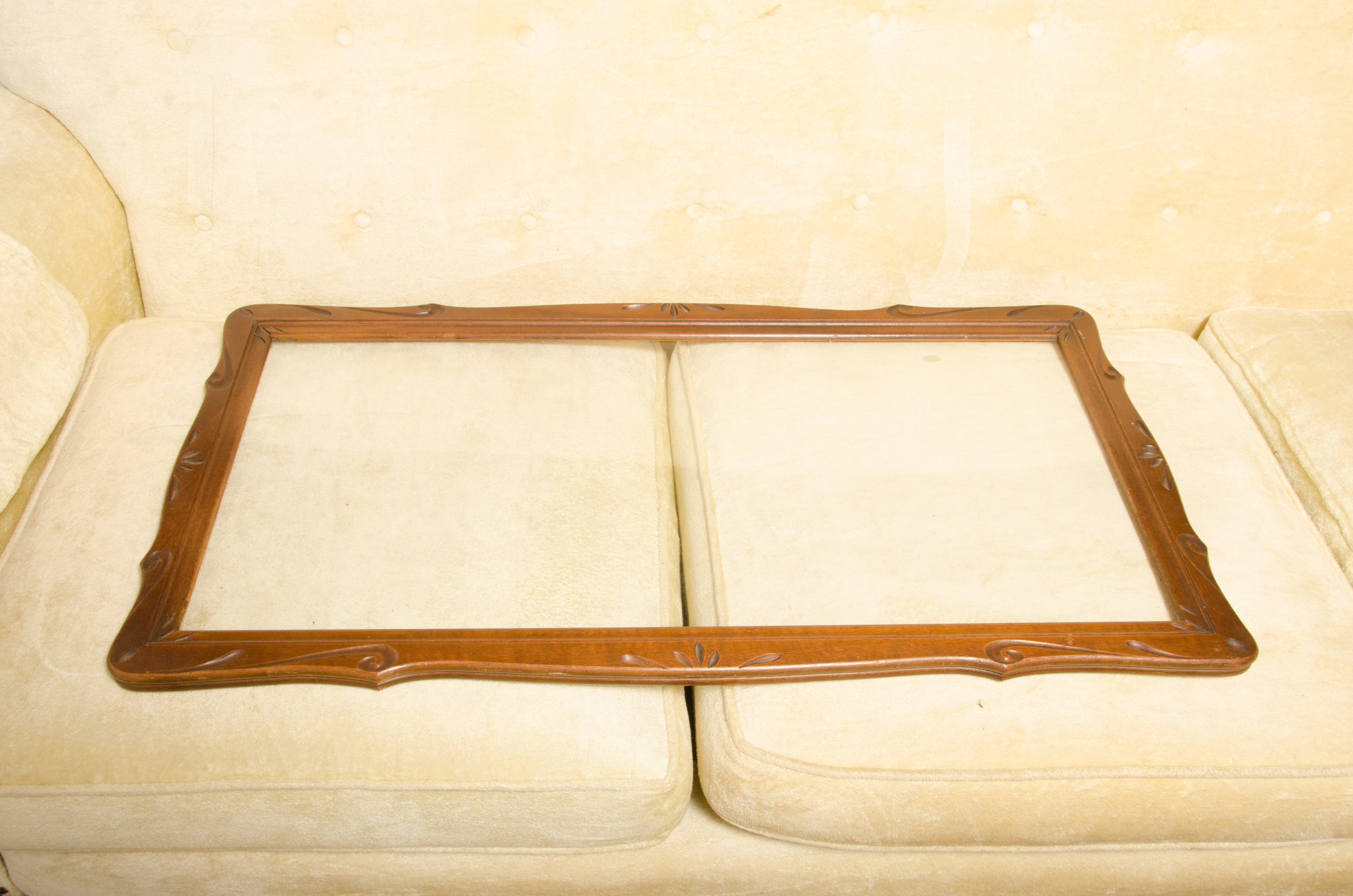 Carved Wooden Coffee Table with Inlaid Glass Top