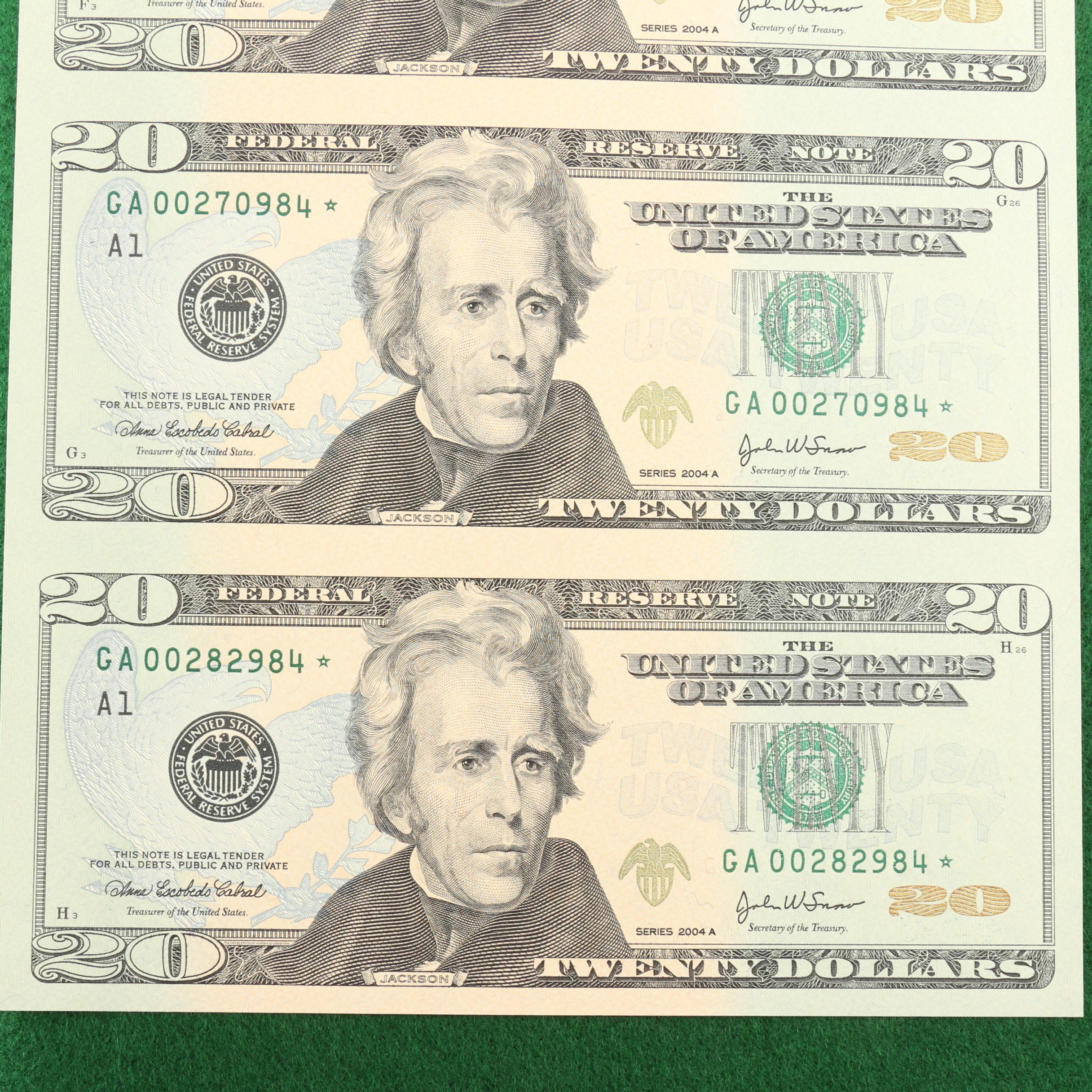 "Legal Tender Uncut Currency Sheets of the U.S." Currency Set