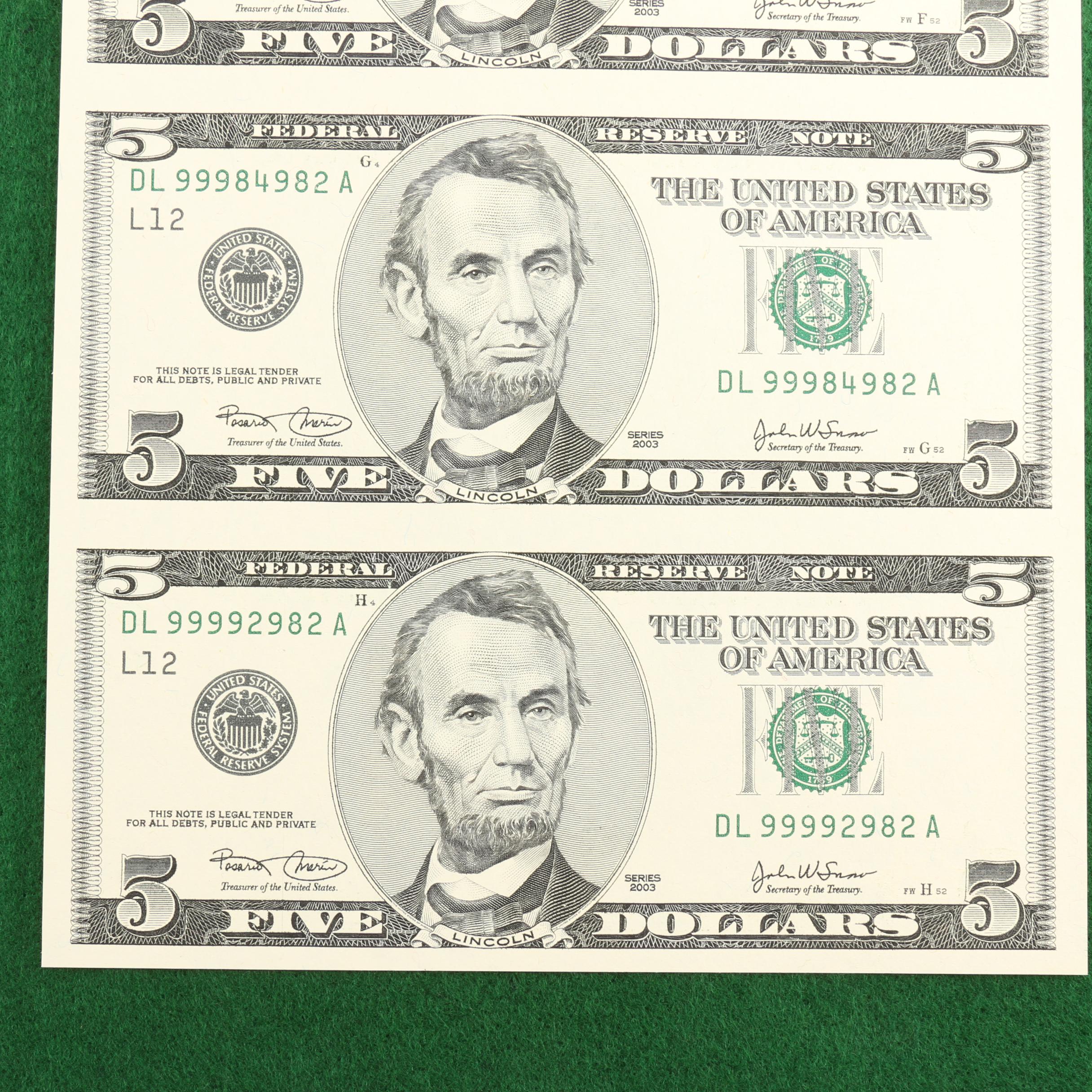 "Legal Tender Uncut Currency Sheets of the U.S." Currency Set