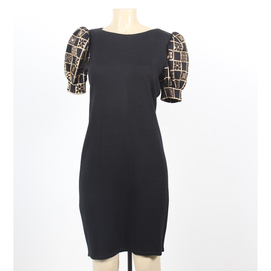 St. John Evening Black Knit Dress with Embellished Puffed Sleeves