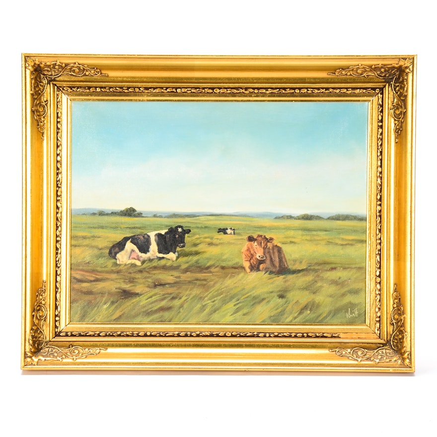 Kurt Haugaard Oil Painting on Canvas of Cattle in Landscape