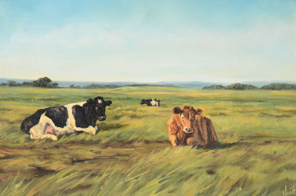 Kurt Haugaard Oil Painting on Canvas of Cattle in Landscape