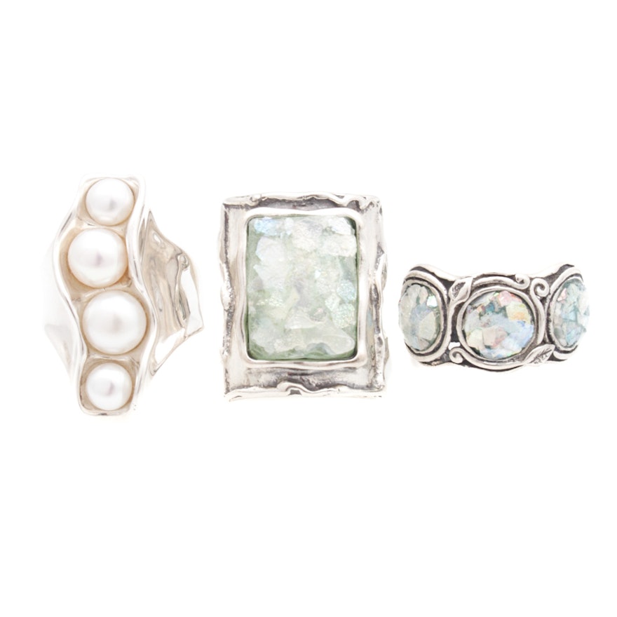 Sterling Silver Cultured Pearl and Natural Glass Rings