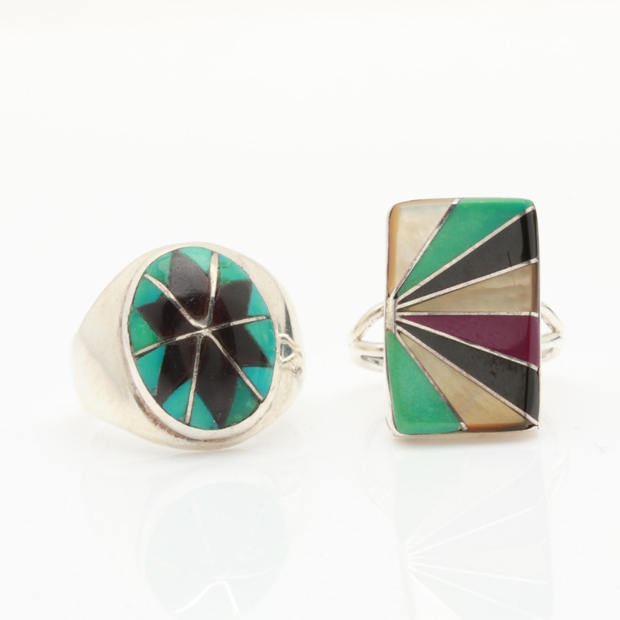 Sterling Silver Southwest Style Turquoise and Black Onyx Inlay Rings
