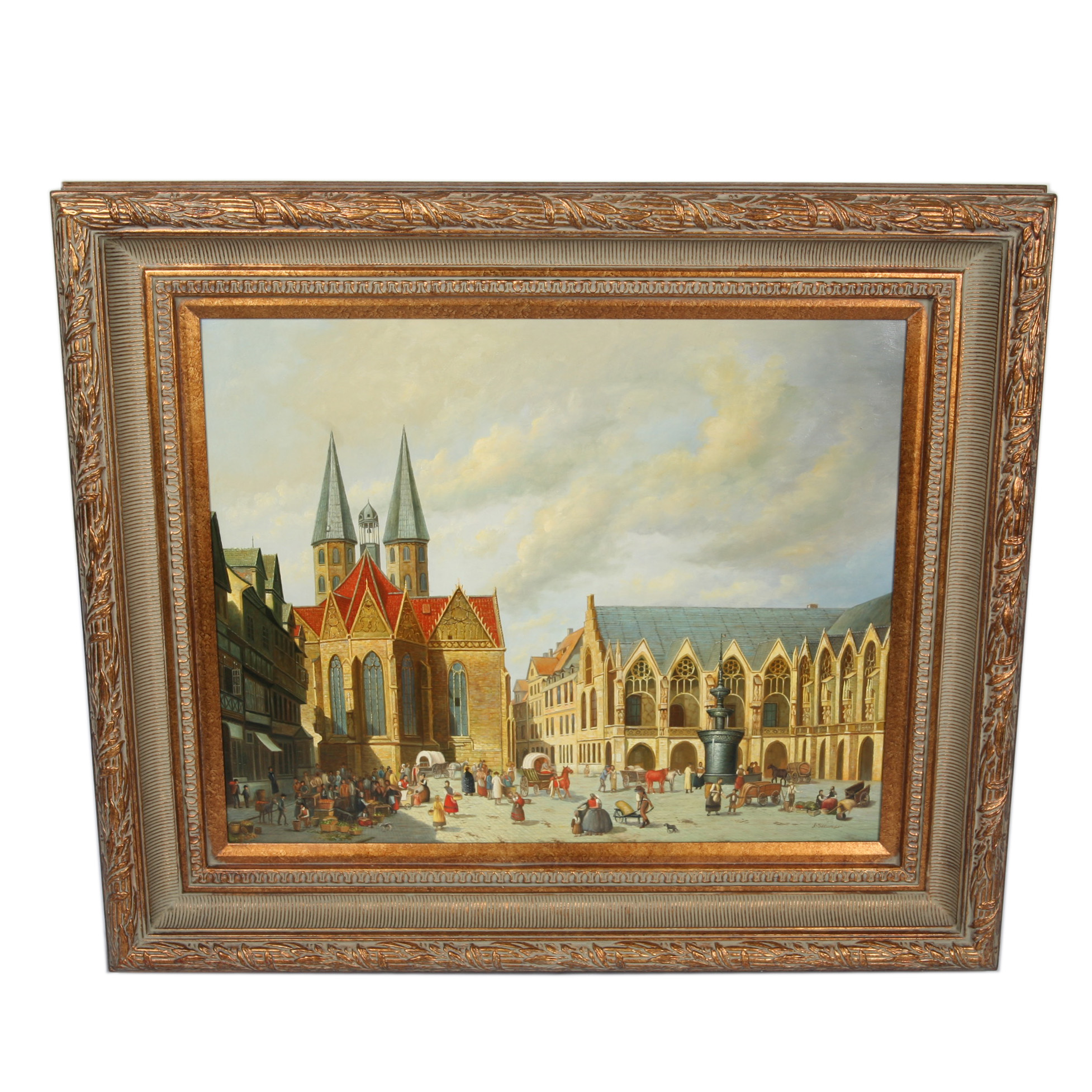 A. Sweands Oil Painting of 19th-Century European Market Scene