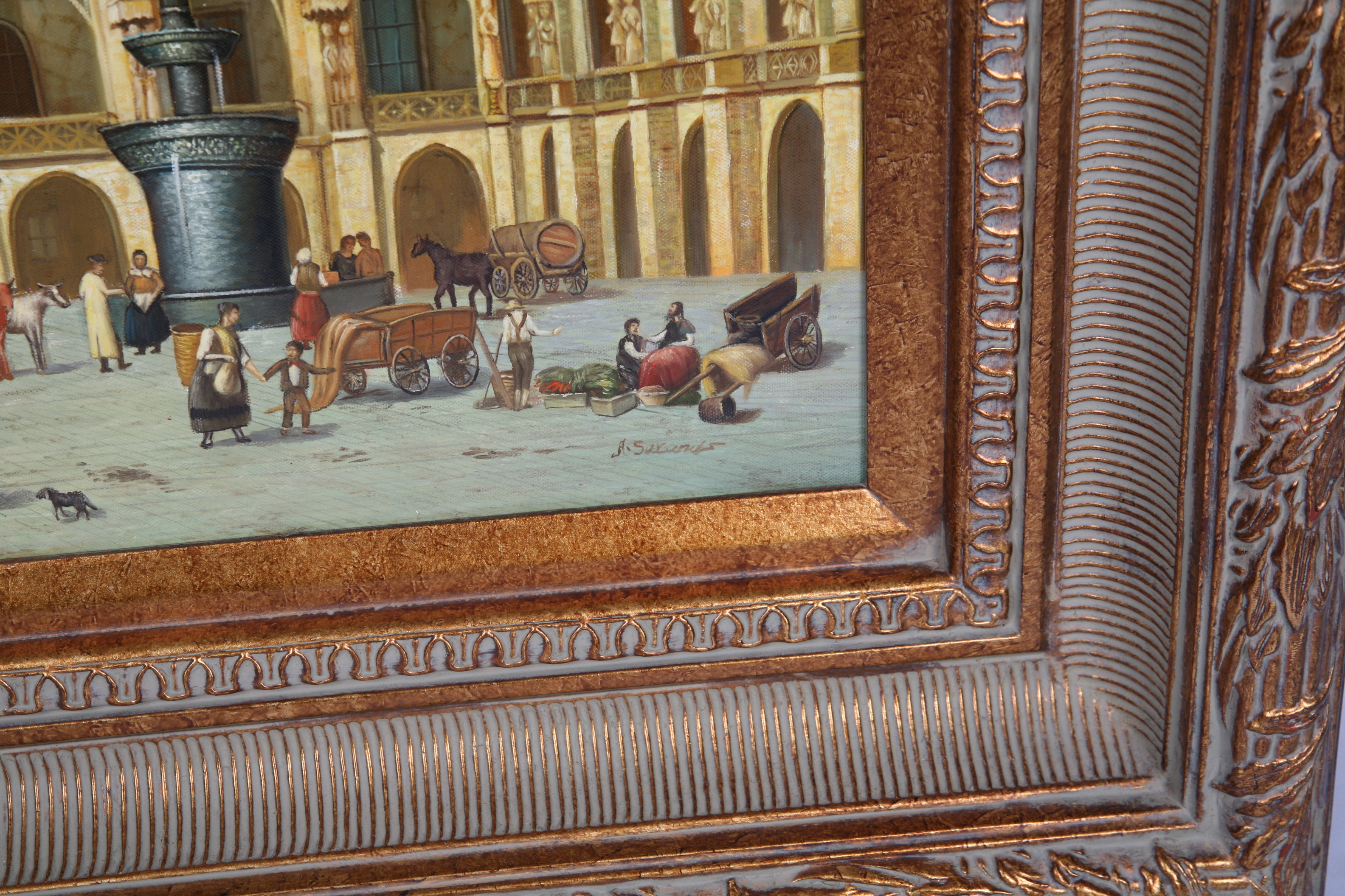 A. Sweands Oil Painting of 19th-Century European Market Scene