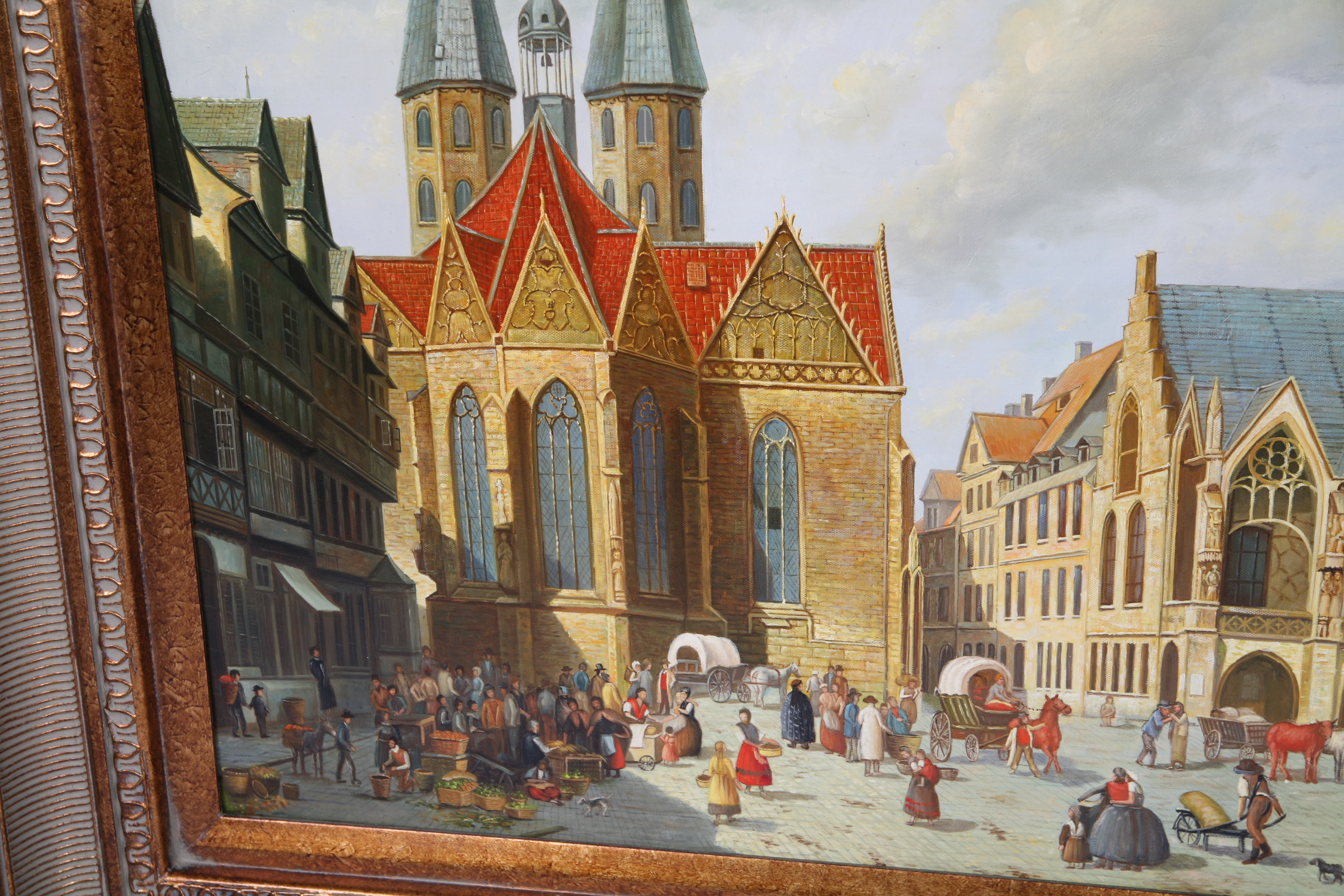 A. Sweands Oil Painting of 19th-Century European Market Scene