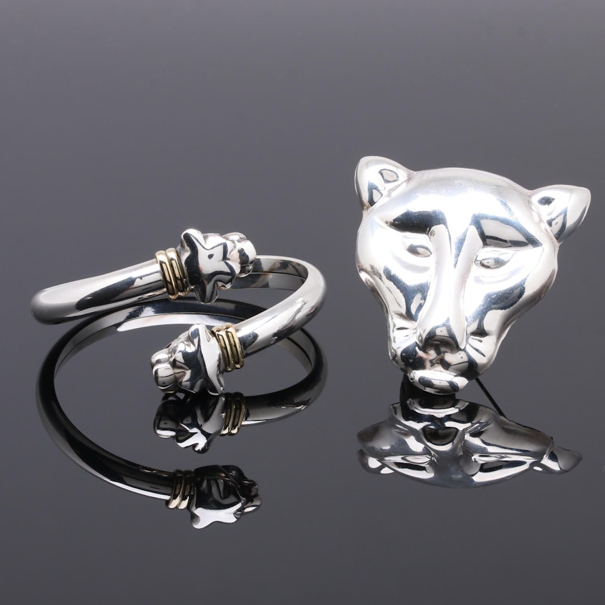 Sterling Silver Feline Brooch and Bracelet with 18K Yellow Gold Accents