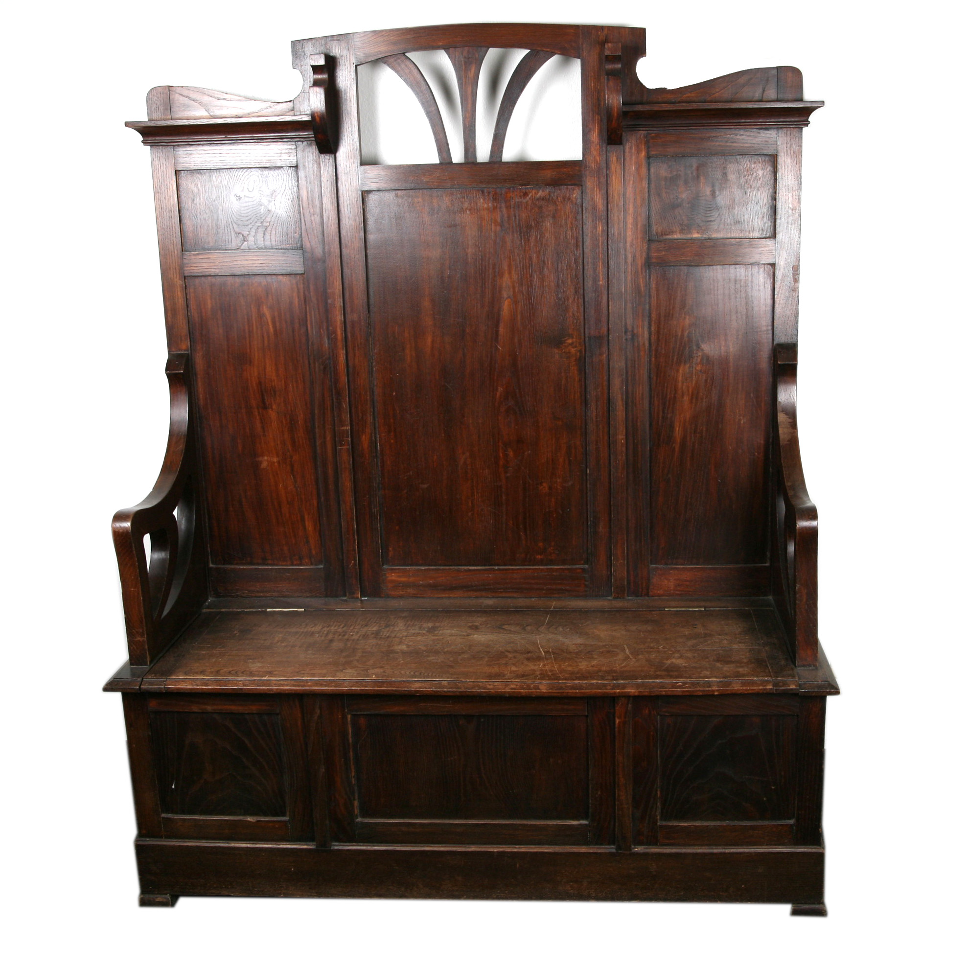 Italian Art Nouveau High Back Oak Storage Bench