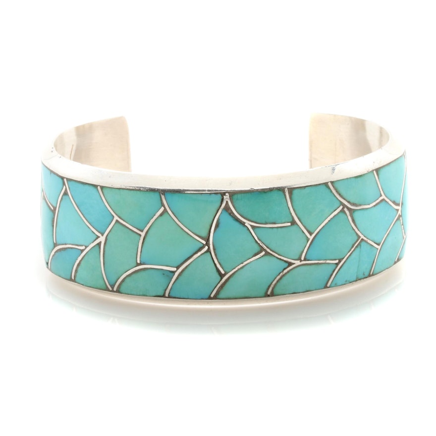Marian Largo Navajo Diné Sterling Silver Stabilized Turquoise Inlay Bracelet