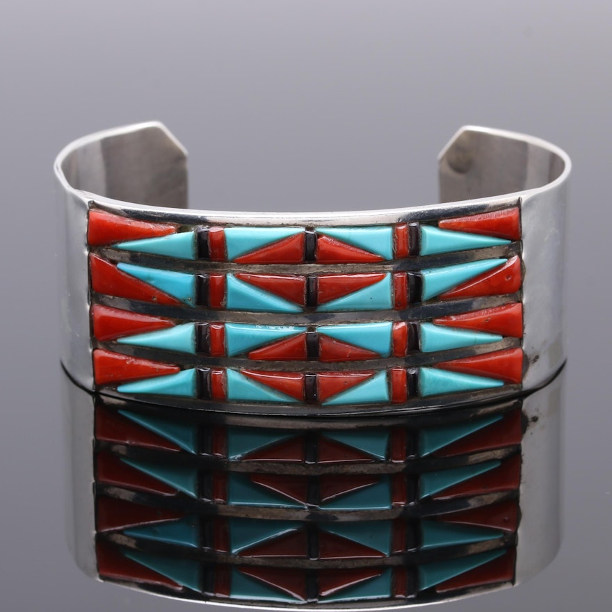 Zuni Sterling Silver Turquoise, Coral and Jet Cuff Bracelet