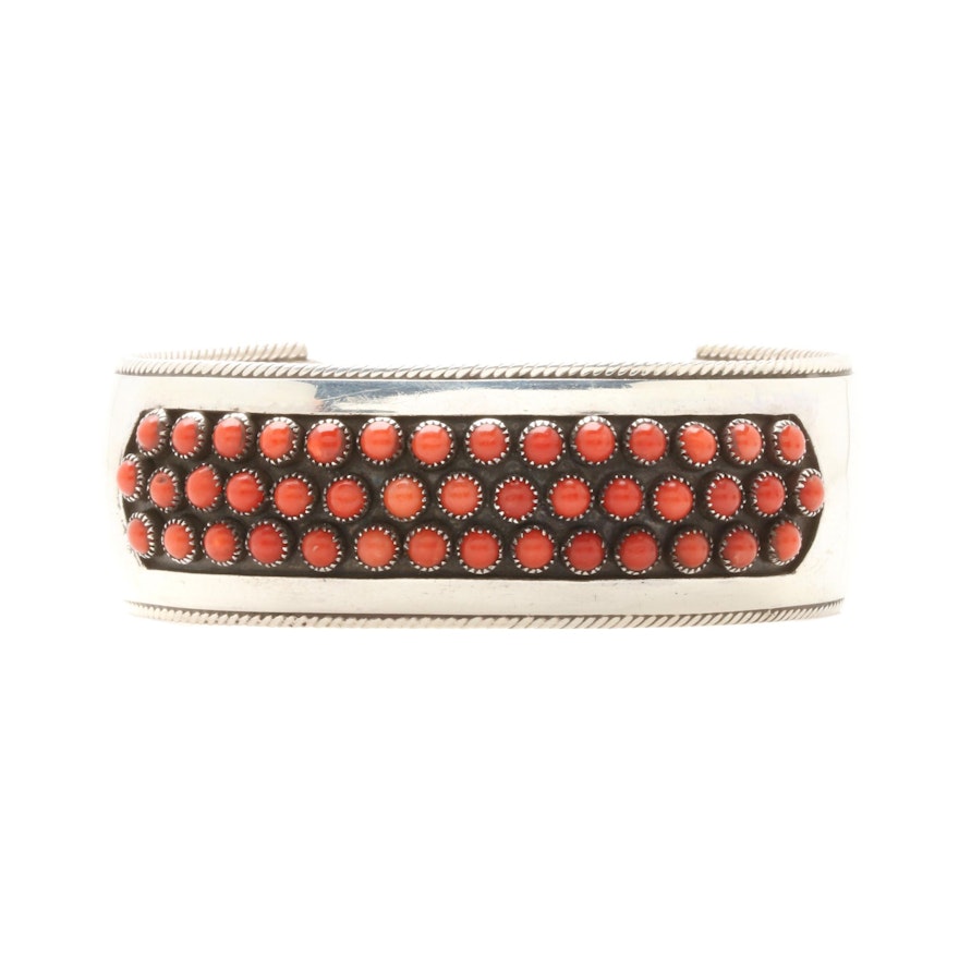 Sterling Silver Southwestern Style Coral Shadowbox Cuff Bracelet