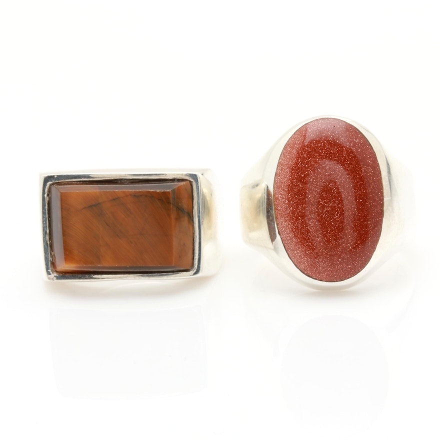 Sterling Silver Tiger's Eye and Goldstone Glass Ring Selection