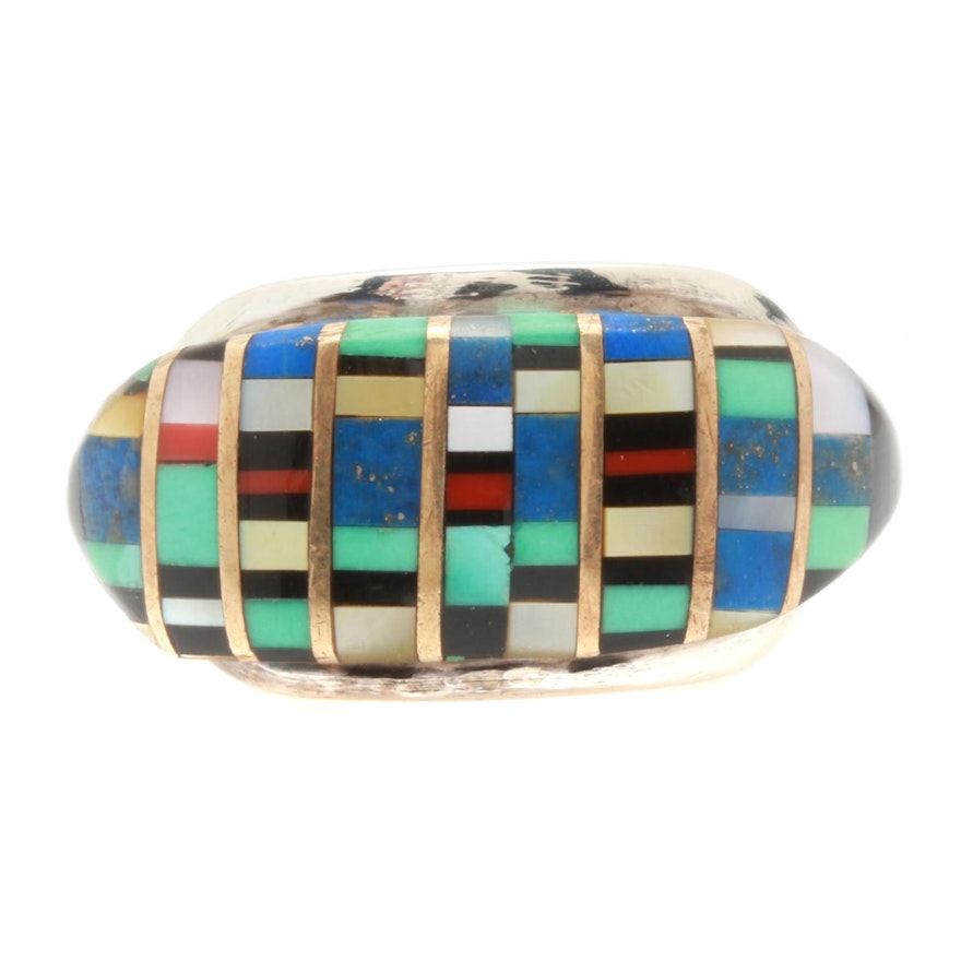 Lee Edaakie Zuni Sterling Silver Inlaid Multi Gemstone Ring