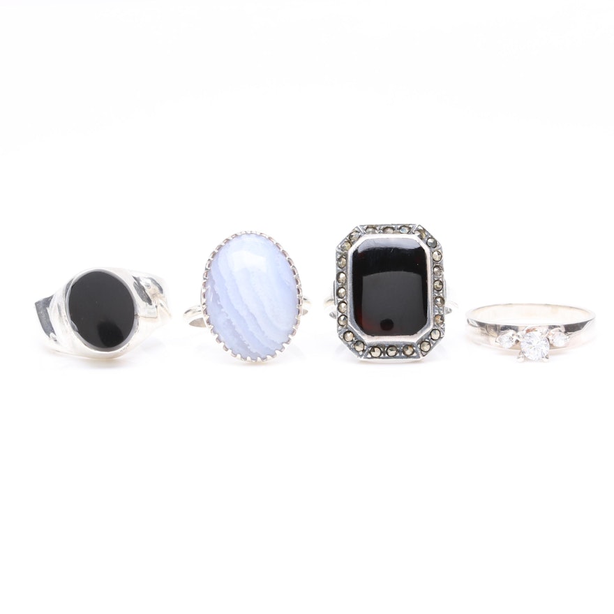 Sterling Silver Ring Selection Including Blue Lace Agate and Black Onyx