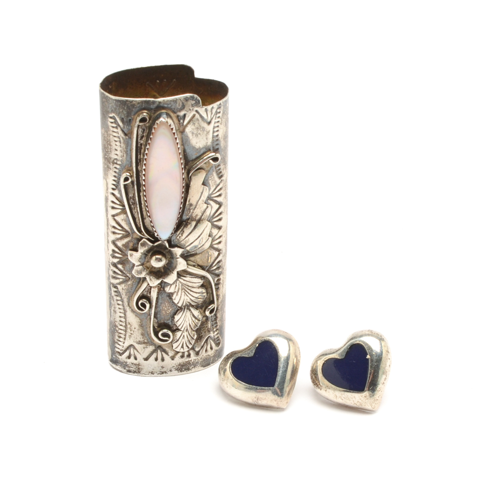 Sterling Silver Lighter Case and Heart-Shaped Earrings