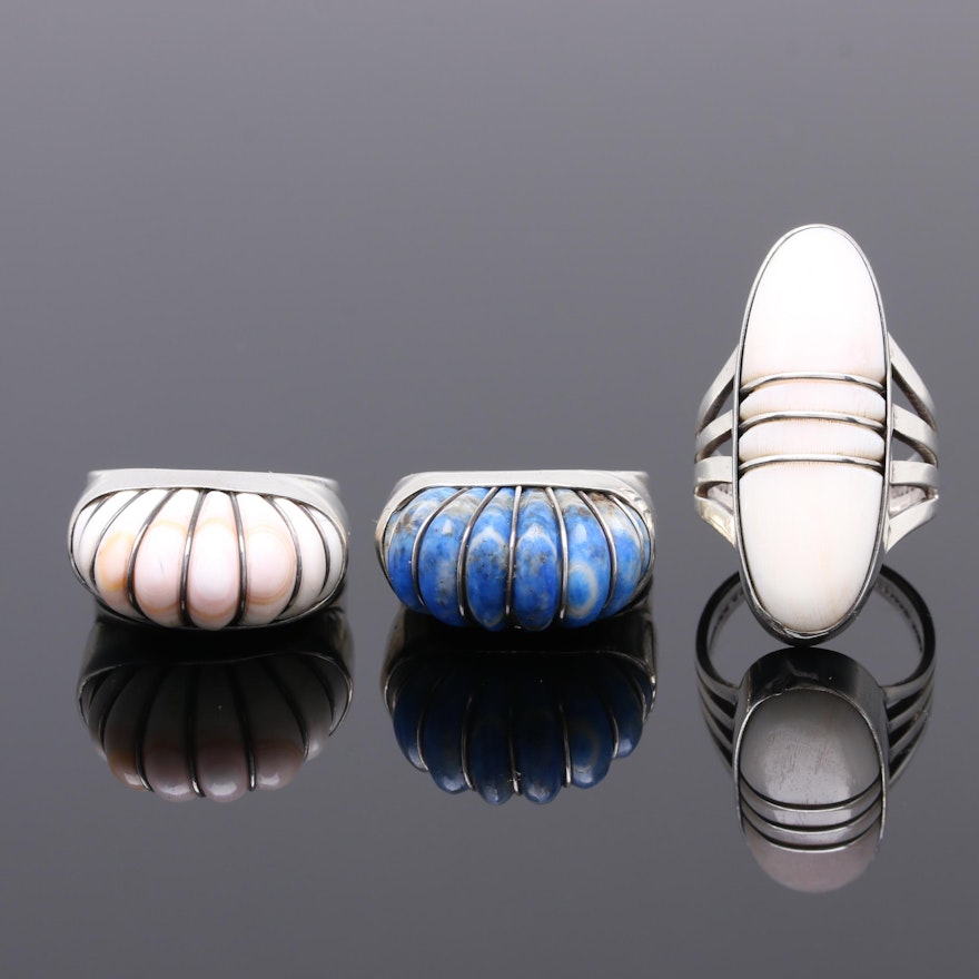 Sterling Silver Southwestern Style Lapis Lazuli, Coral, and Shell Ring Selection