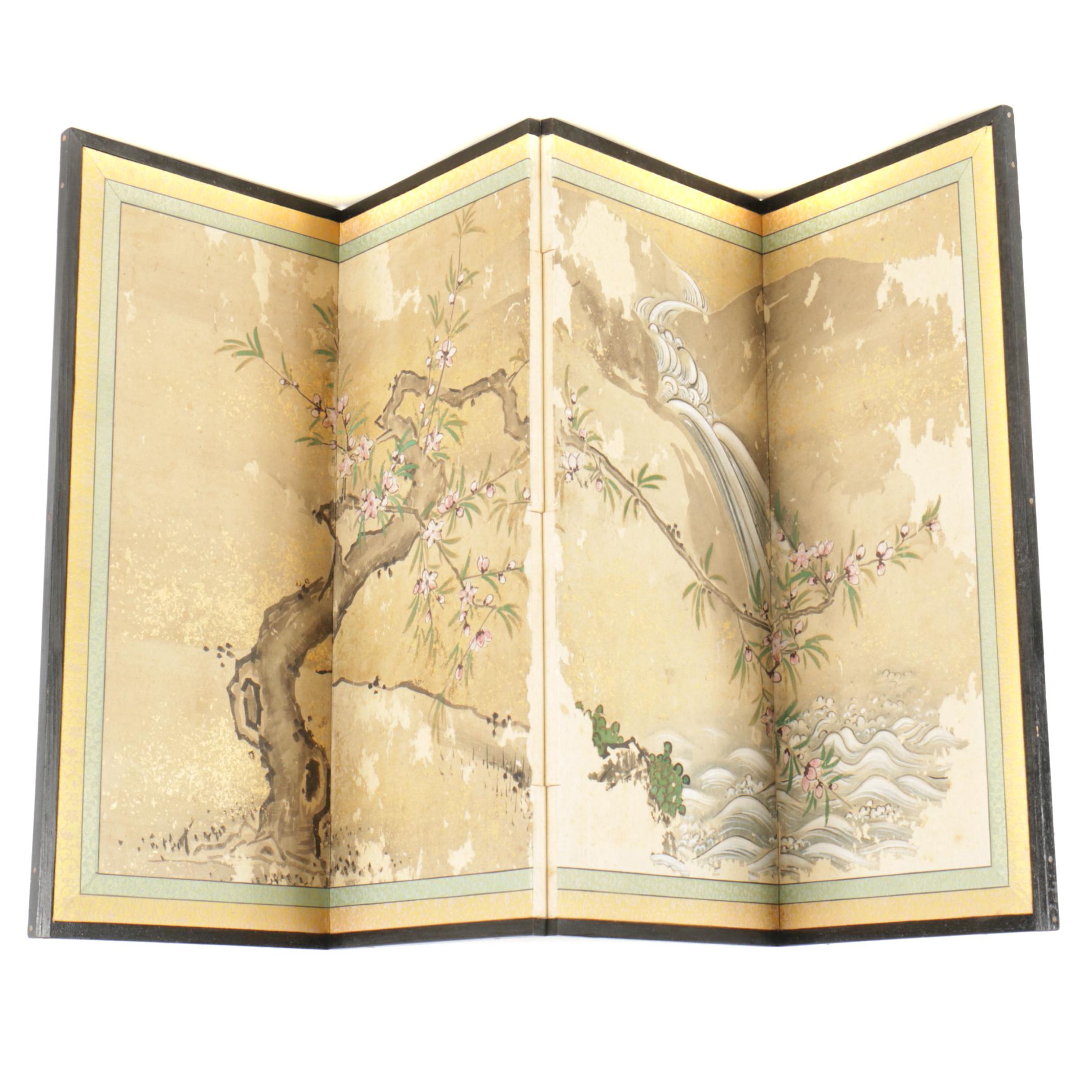 East Asian Watercolor Painting on Folding Screen