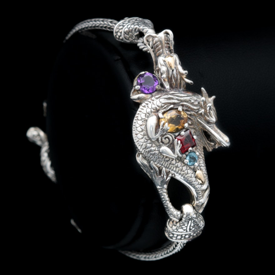 Sterling Silver and Multi-Gemstone Dragon Bracelet