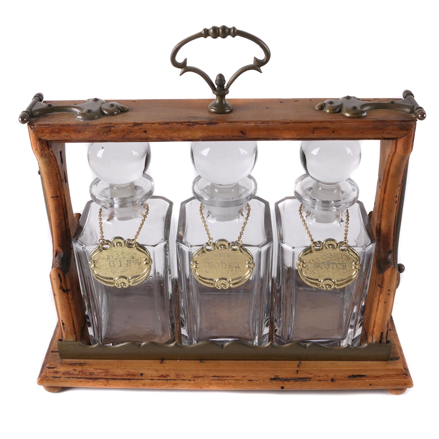 Vintage Wood Tantalus with Glass Decanters