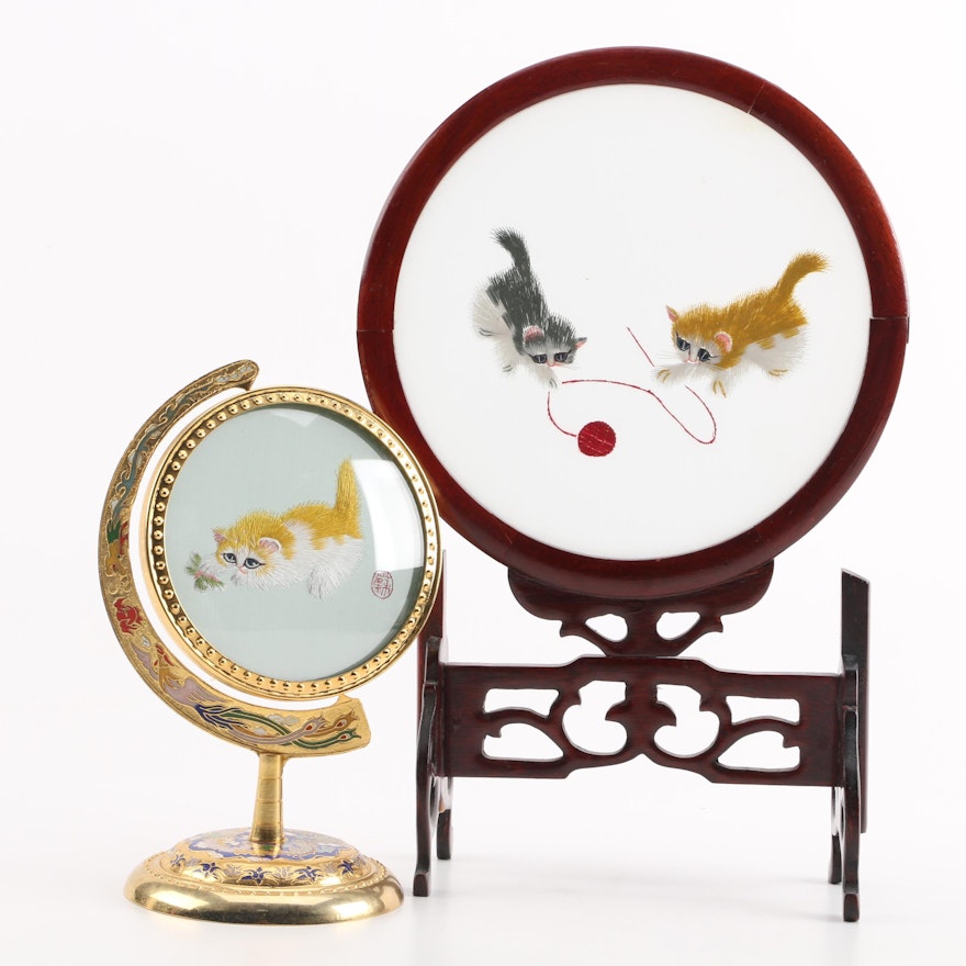Chinese Embroidered Silk Cat Themed Table Screens