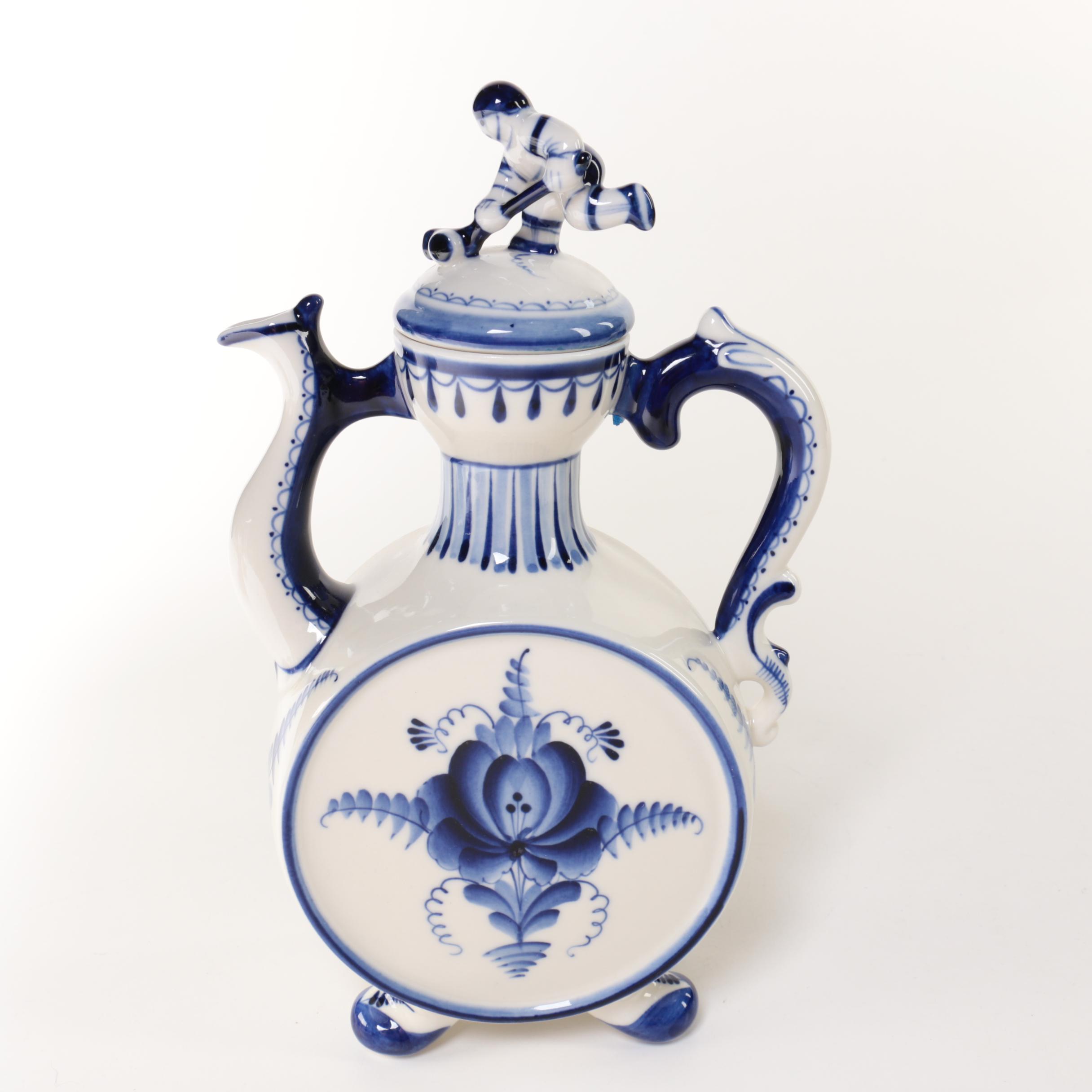 Russian Gzhel Porcelain Hand Decorated Teapot