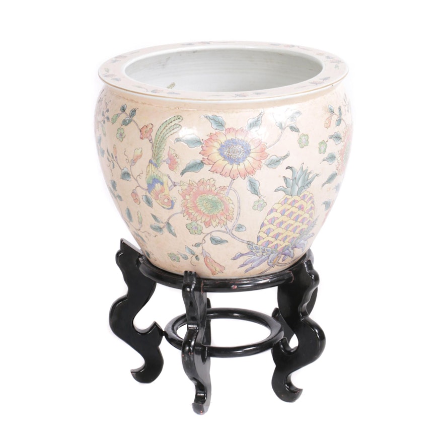Decorative Asian Porcelain Fish Bowl Planter with Stand