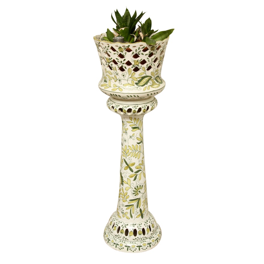 Hand Painted Italian Ceramic Plant Stand with Plant