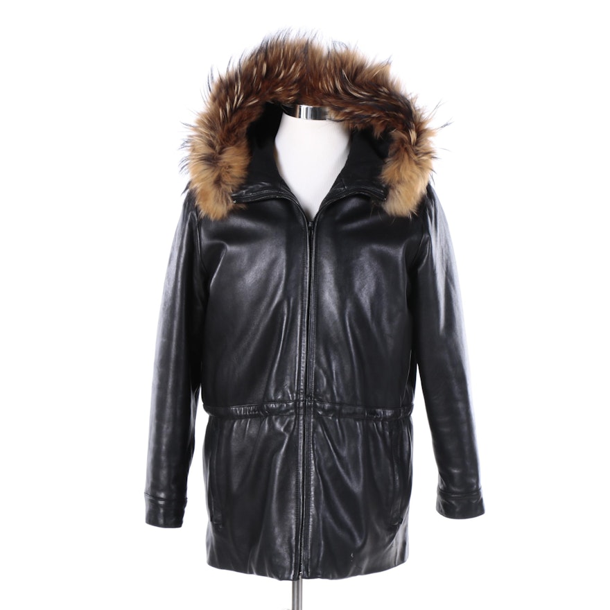 Andrew Marc New York Black Lambskin Insulated Jacket with Raccoon Fur Trim