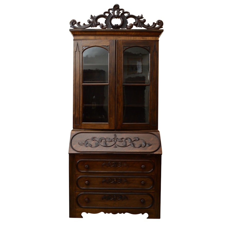 Antique Victorian Secretary Bookcase, in Walnut and Rosewood