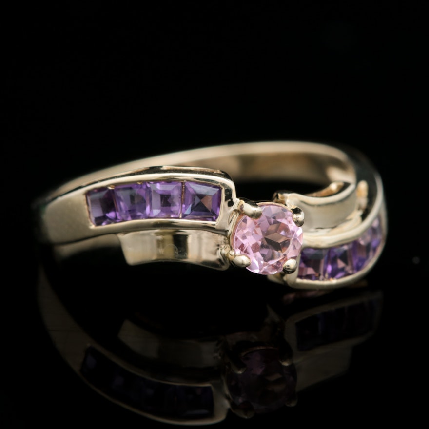 10K Yellow Gold, Pink Tourmaline and Amethyst Ring