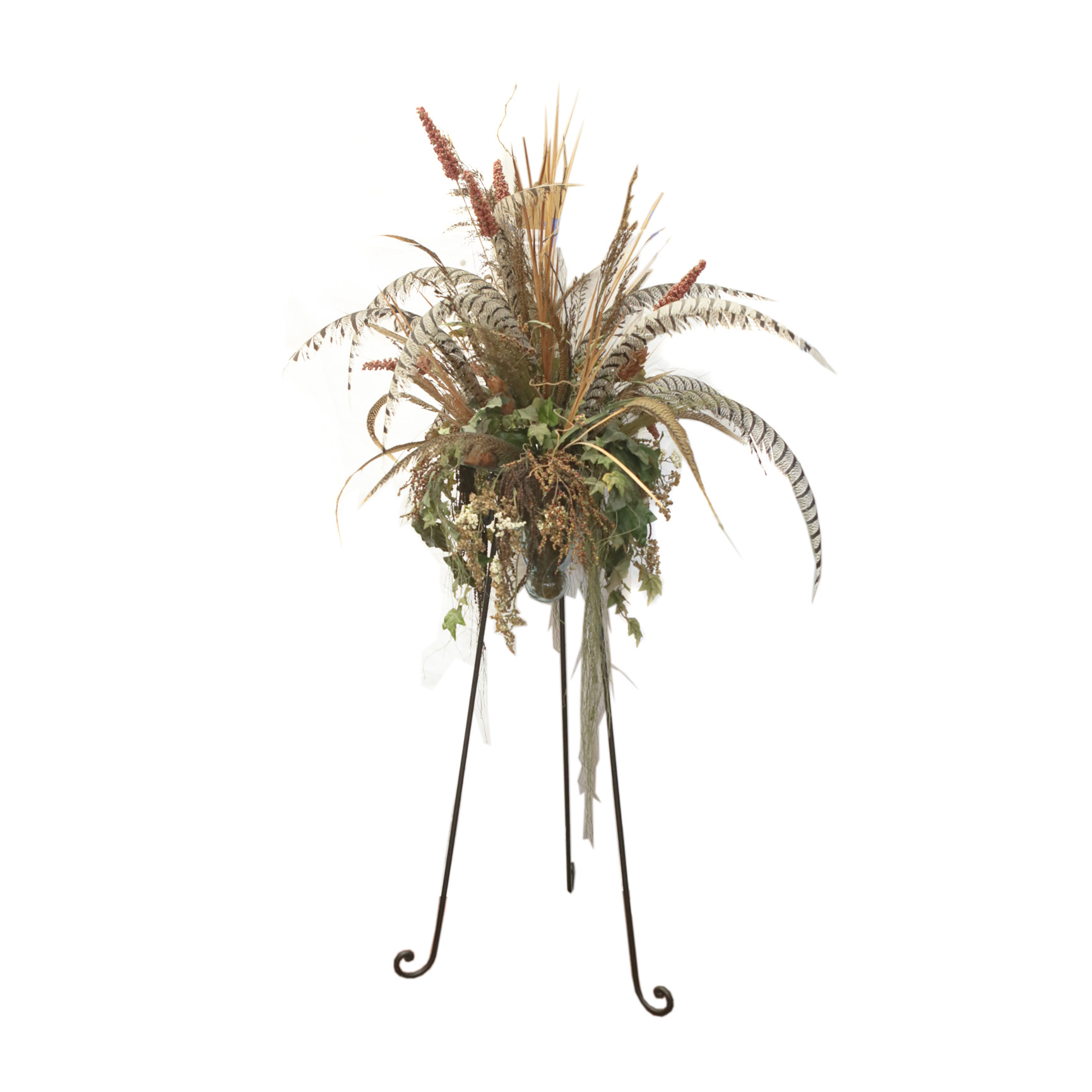 Faux Foliage with Feathers and Metal Stand