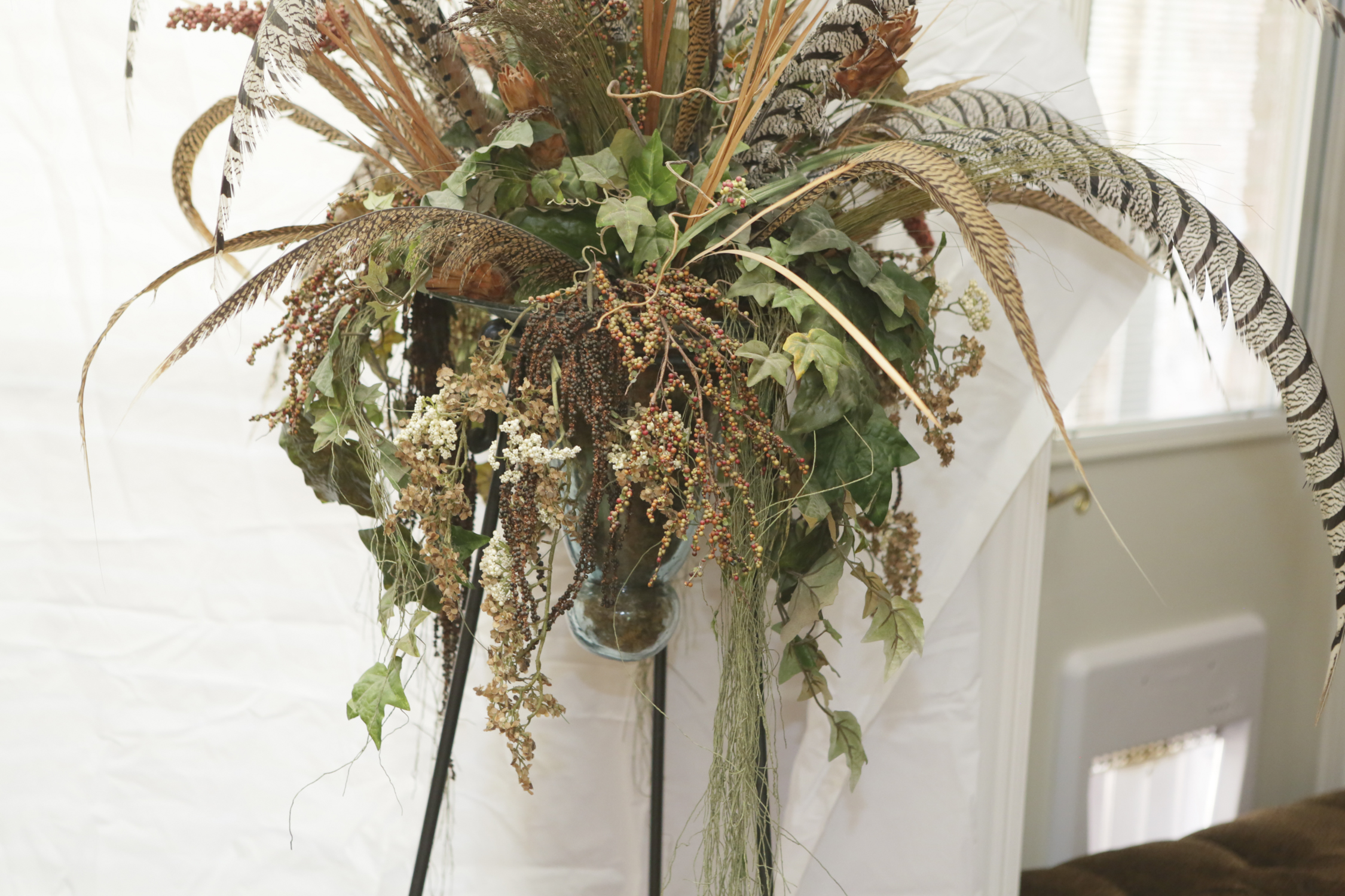 Faux Foliage with Feathers and Metal Stand